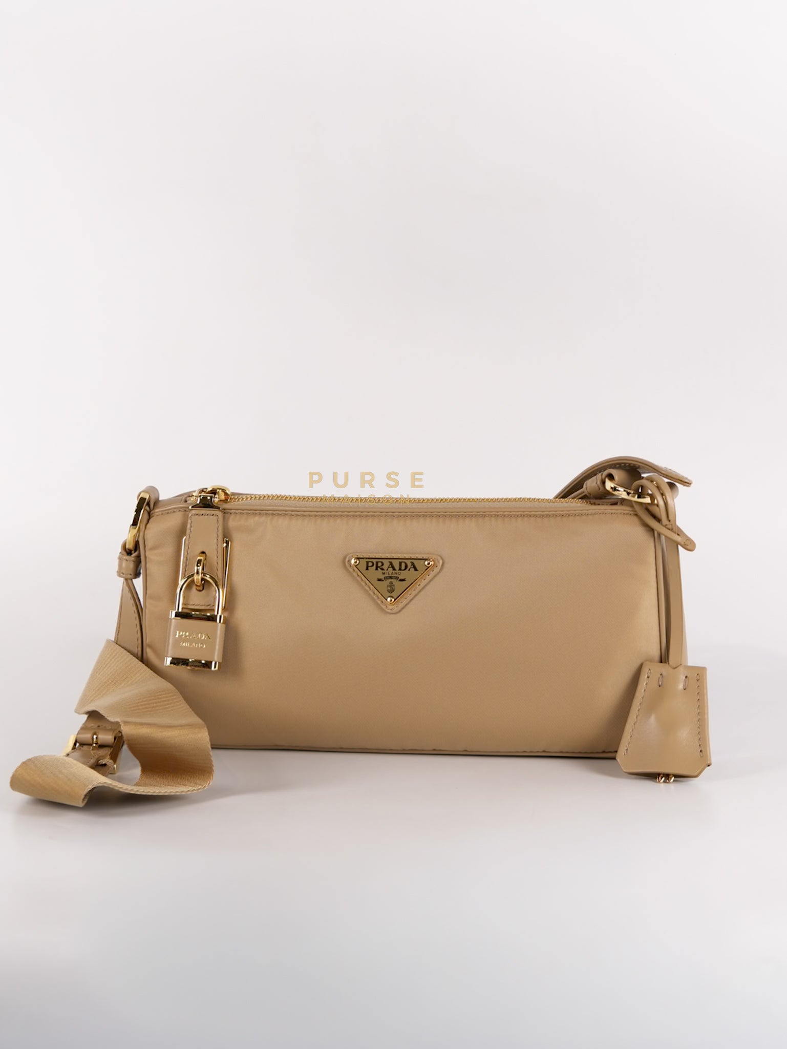 1BC234 Re-nylon and Leather Shoulder Bag in Camel