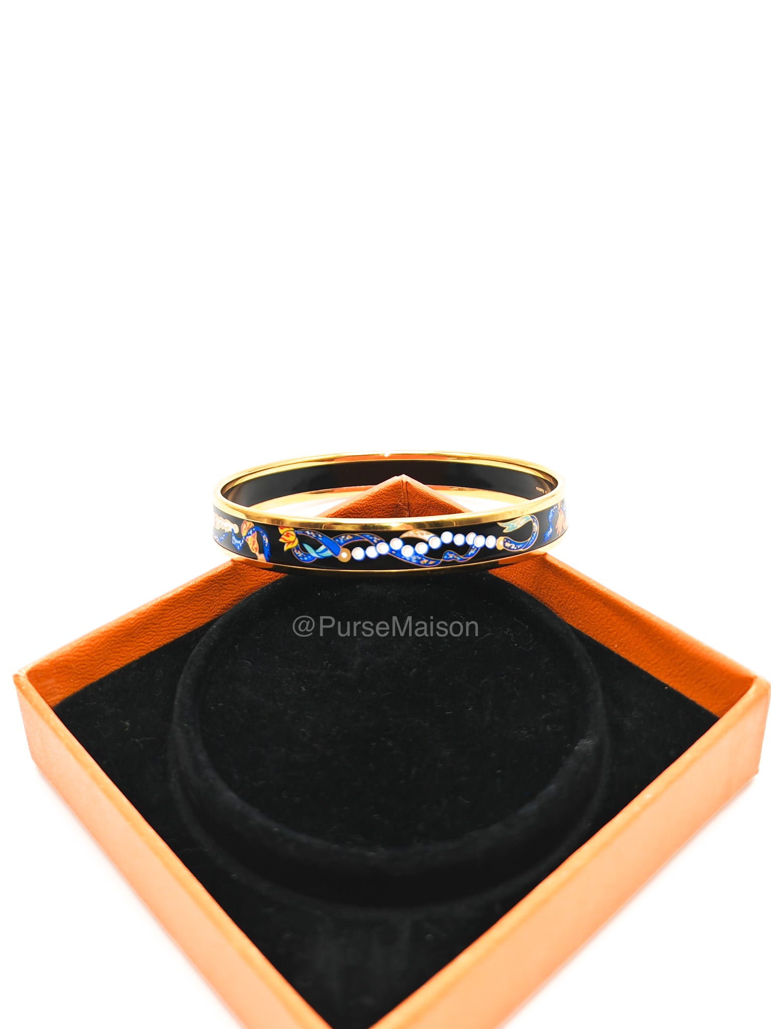 Hermes Plated Narrow Folded Fans and Ribbon Enamel Bangle (Size 7.0cm)