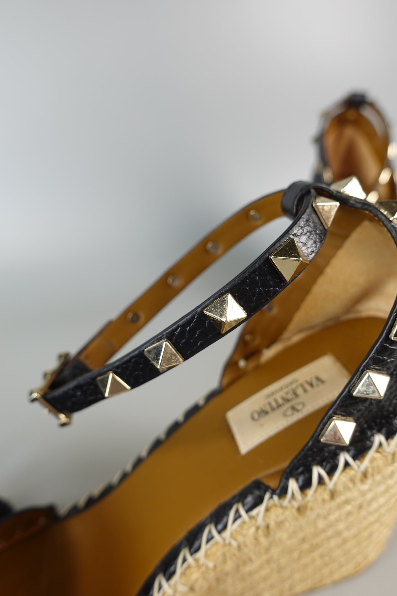 Rockstud Ankle Strap Espadrille Wedge in Black Grainy Calfskin Size 40 (26cm) | Purse Maison Luxury Bags Shop