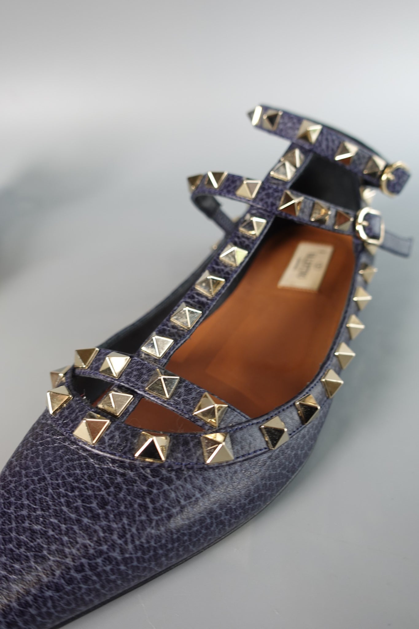 Rockstud Deep Blue Caged Ankle Strap Ballerina Shoes Size 37.5 (24cm) | Purse Maison Luxury Bags Shop