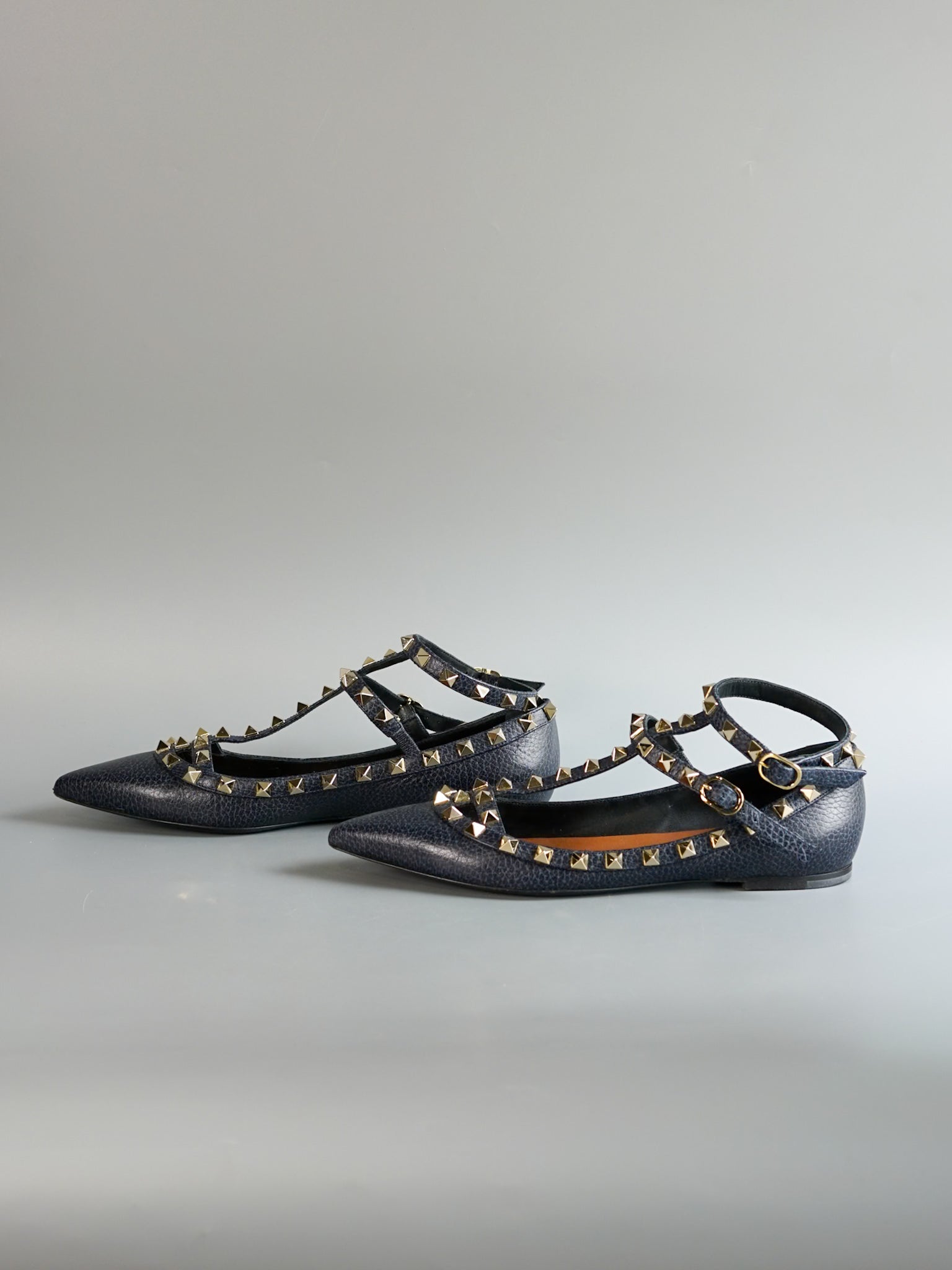 Rockstud Deep Blue Caged Ankle Strap Ballerina Shoes Size 37.5 (24cm) | Purse Maison Luxury Bags Shop