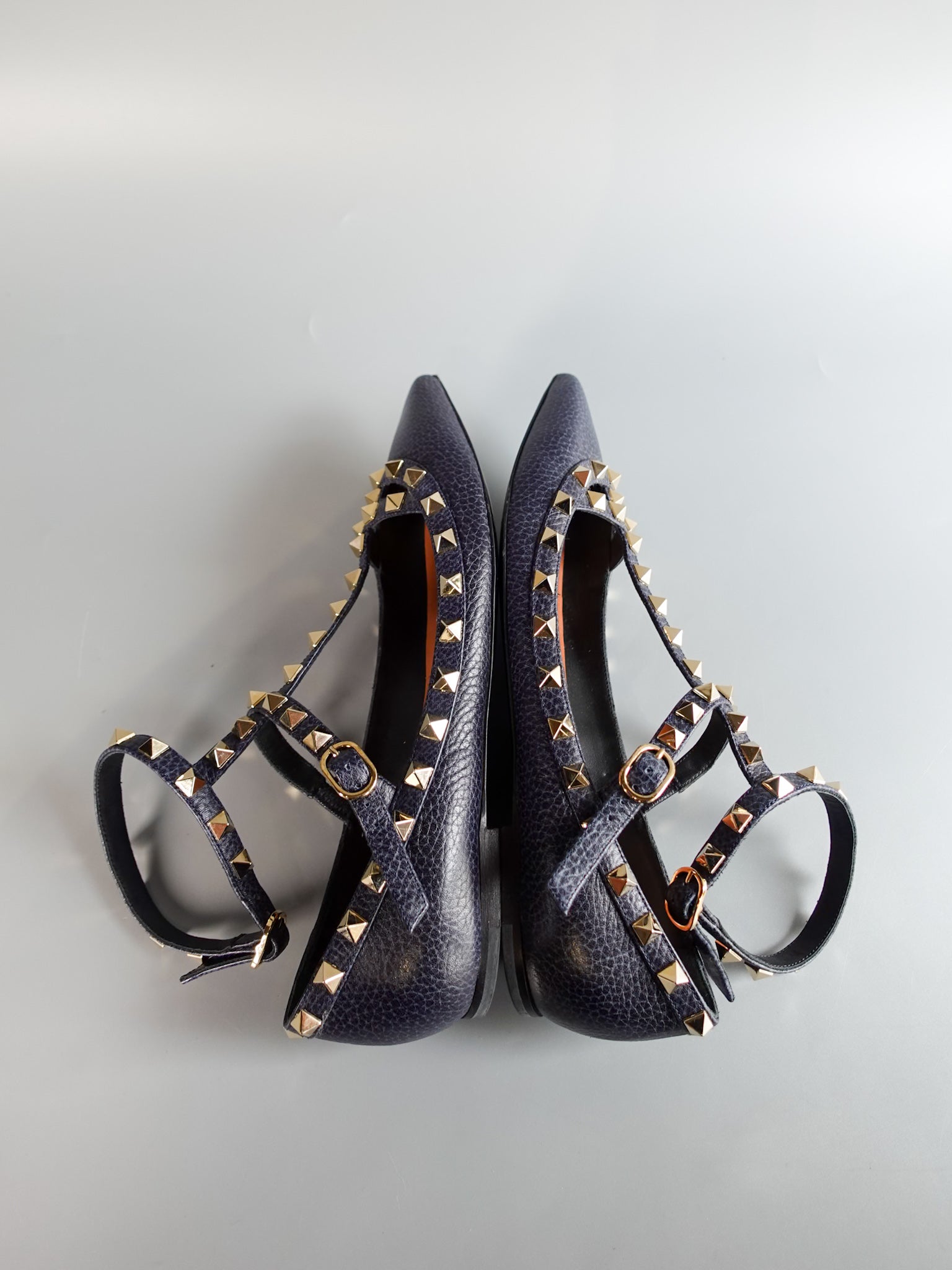 Rockstud Deep Blue Caged Ankle Strap Ballerina Shoes Size 37.5 (24cm) | Purse Maison Luxury Bags Shop