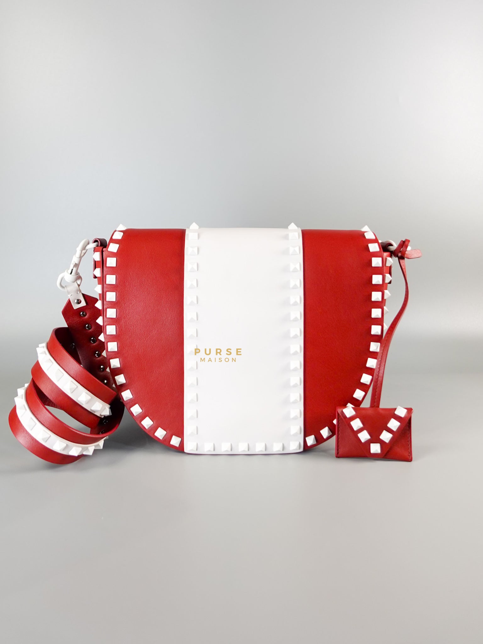 Rockstud Halfmoon Saddle in Red/White Vitello Colorblock Bag | Purse Maison Luxury Bags Shop