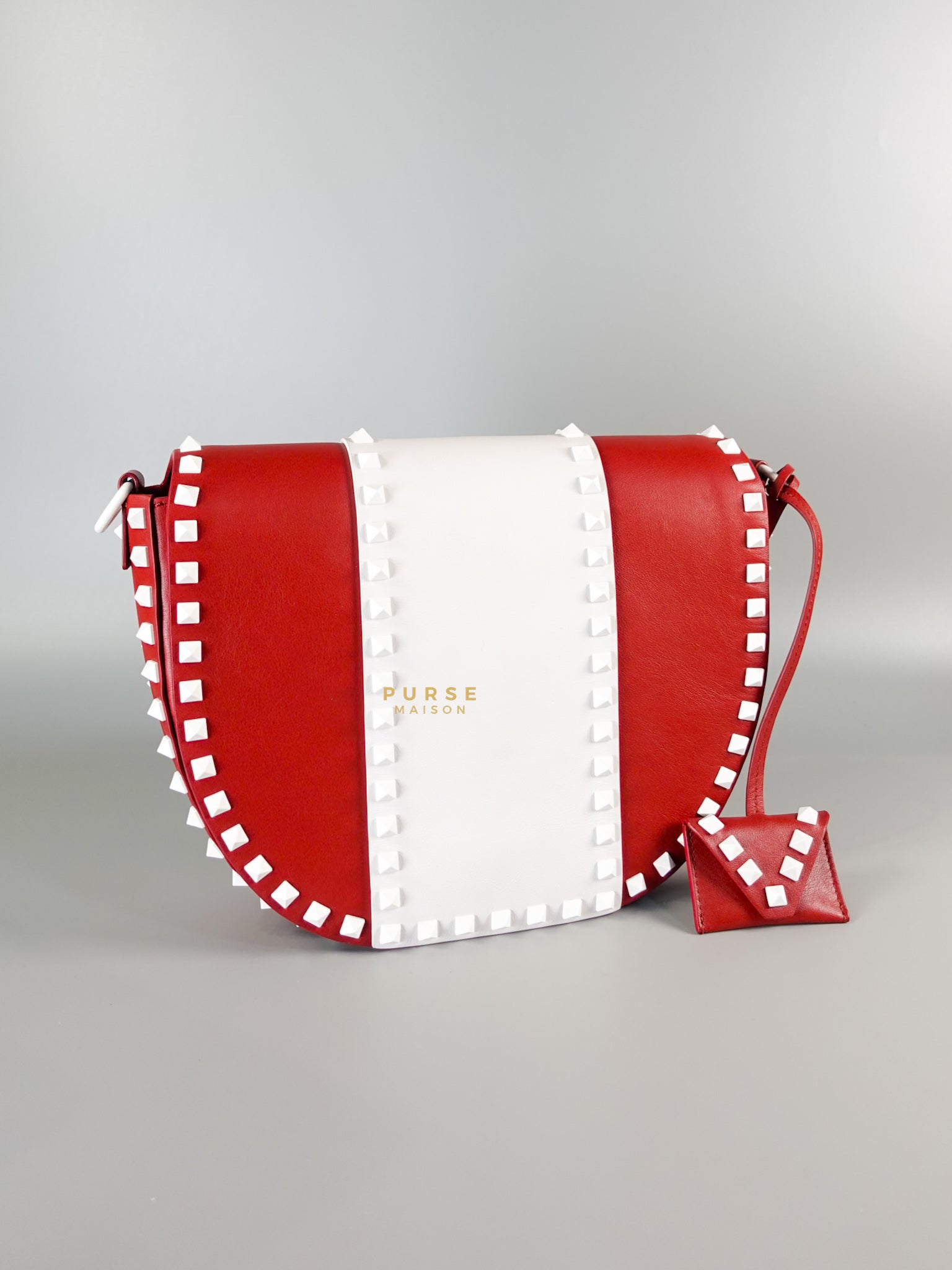 Rockstud Halfmoon Saddle in Red/White Vitello Colorblock Bag | Purse Maison Luxury Bags Shop