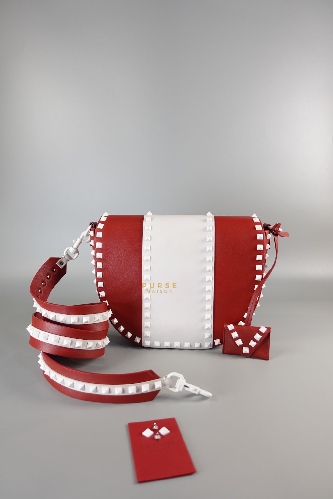 Rockstud Halfmoon Saddle in Red/White Vitello Colorblock Bag | Purse Maison Luxury Bags Shop