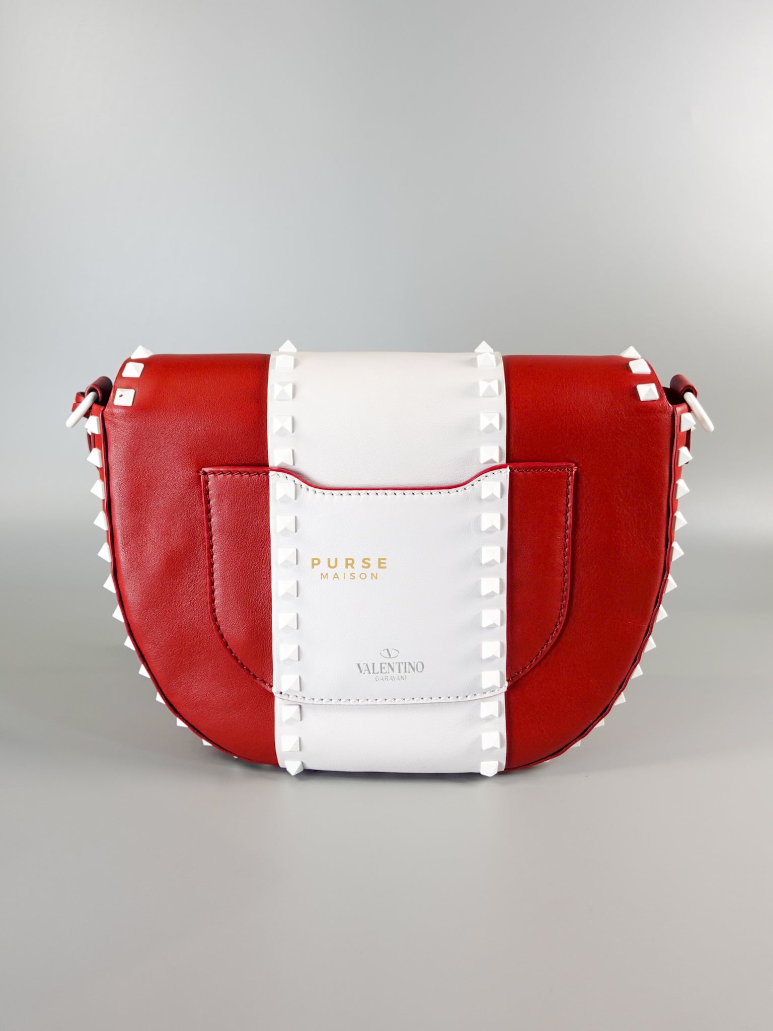 Rockstud Halfmoon Saddle in Red/White Vitello Colorblock Bag | Purse Maison Luxury Bags Shop