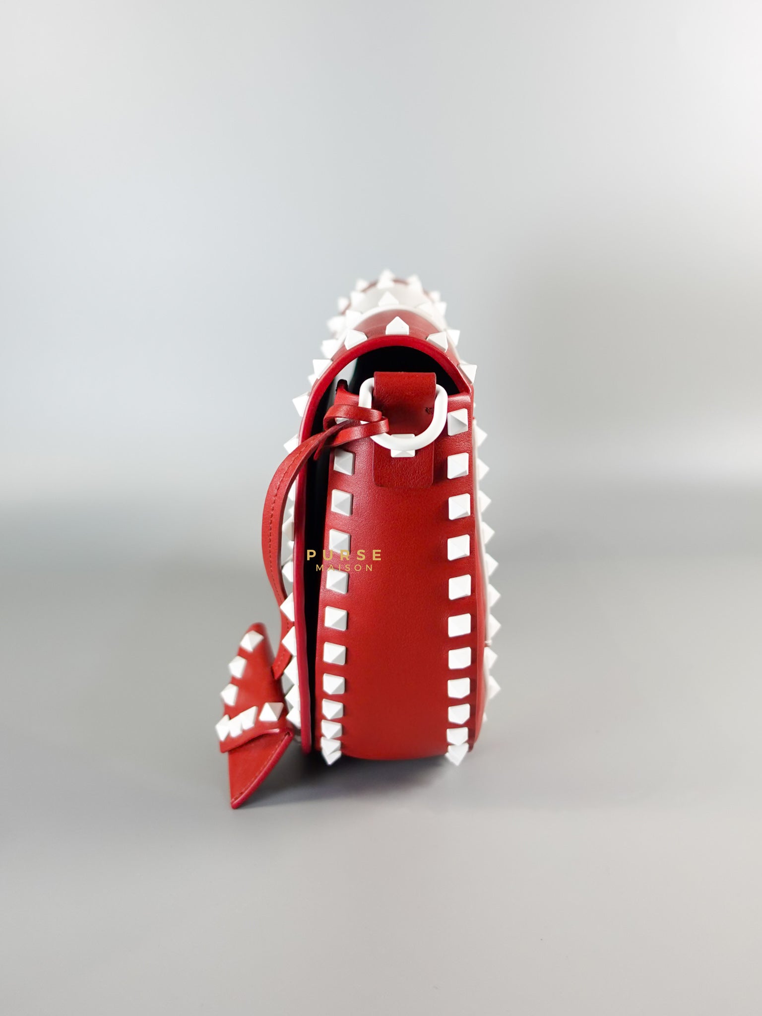 Rockstud Halfmoon Saddle in Red/White Vitello Colorblock Bag | Purse Maison Luxury Bags Shop