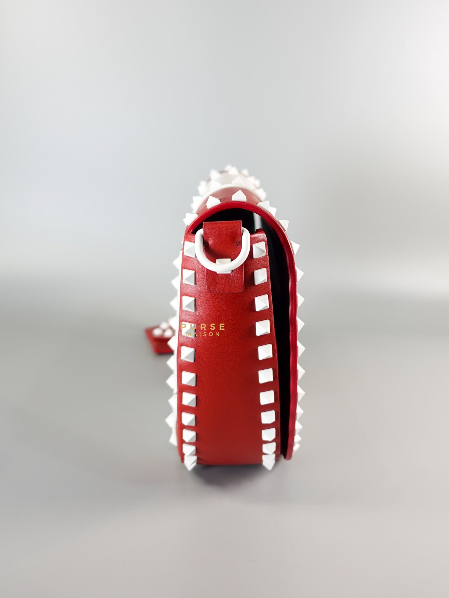 Rockstud Halfmoon Saddle in Red/White Vitello Colorblock Bag | Purse Maison Luxury Bags Shop