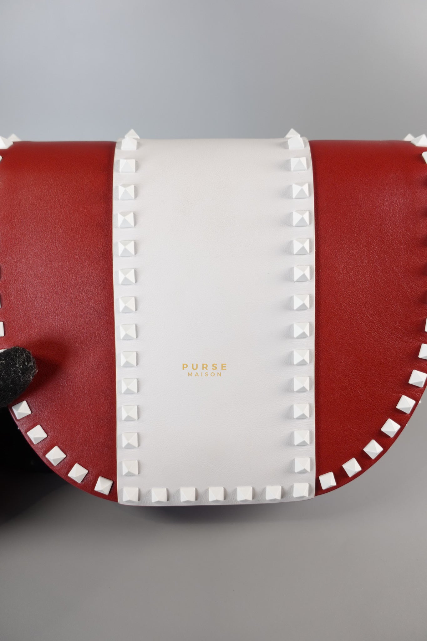 Rockstud Halfmoon Saddle in Red/White Vitello Colorblock Bag | Purse Maison Luxury Bags Shop