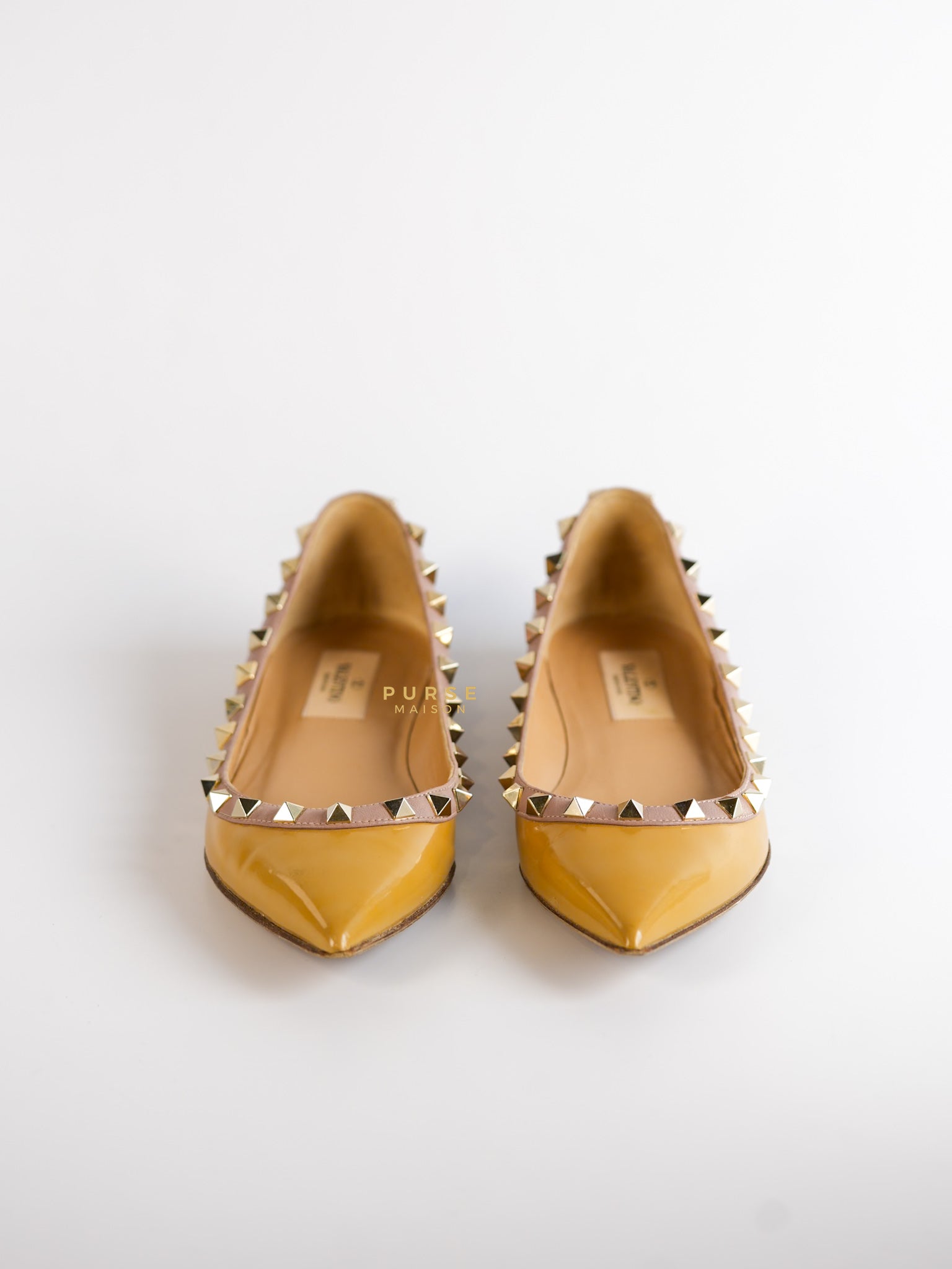 Rockstud Mustard Patent Leather Ballerina Flats Size 35.5 EU (24cm) | Purse Maison Luxury Bags Shop