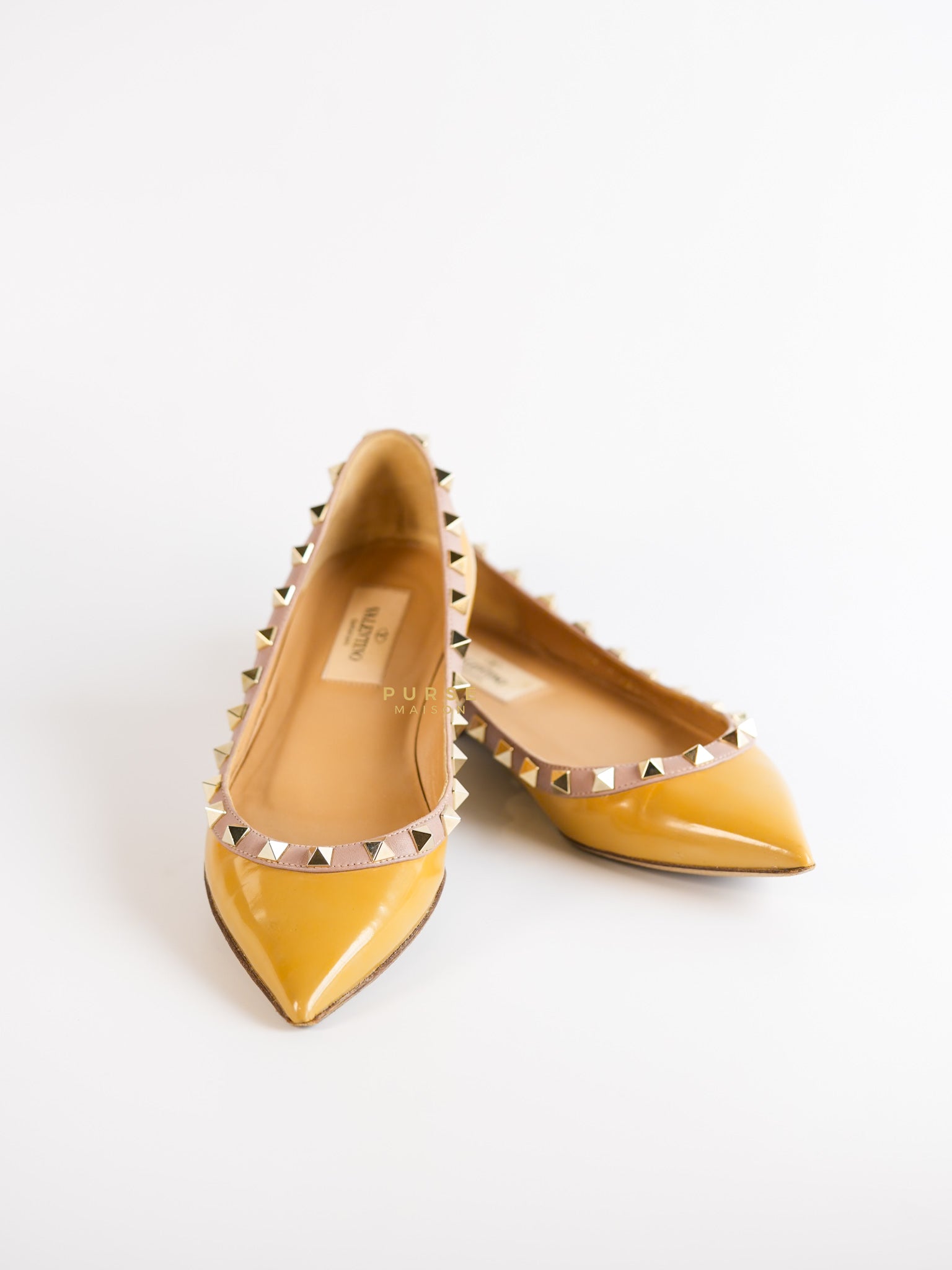 Rockstud Mustard Patent Leather Ballerina Flats Size 35.5 EU (24cm) | Purse Maison Luxury Bags Shop