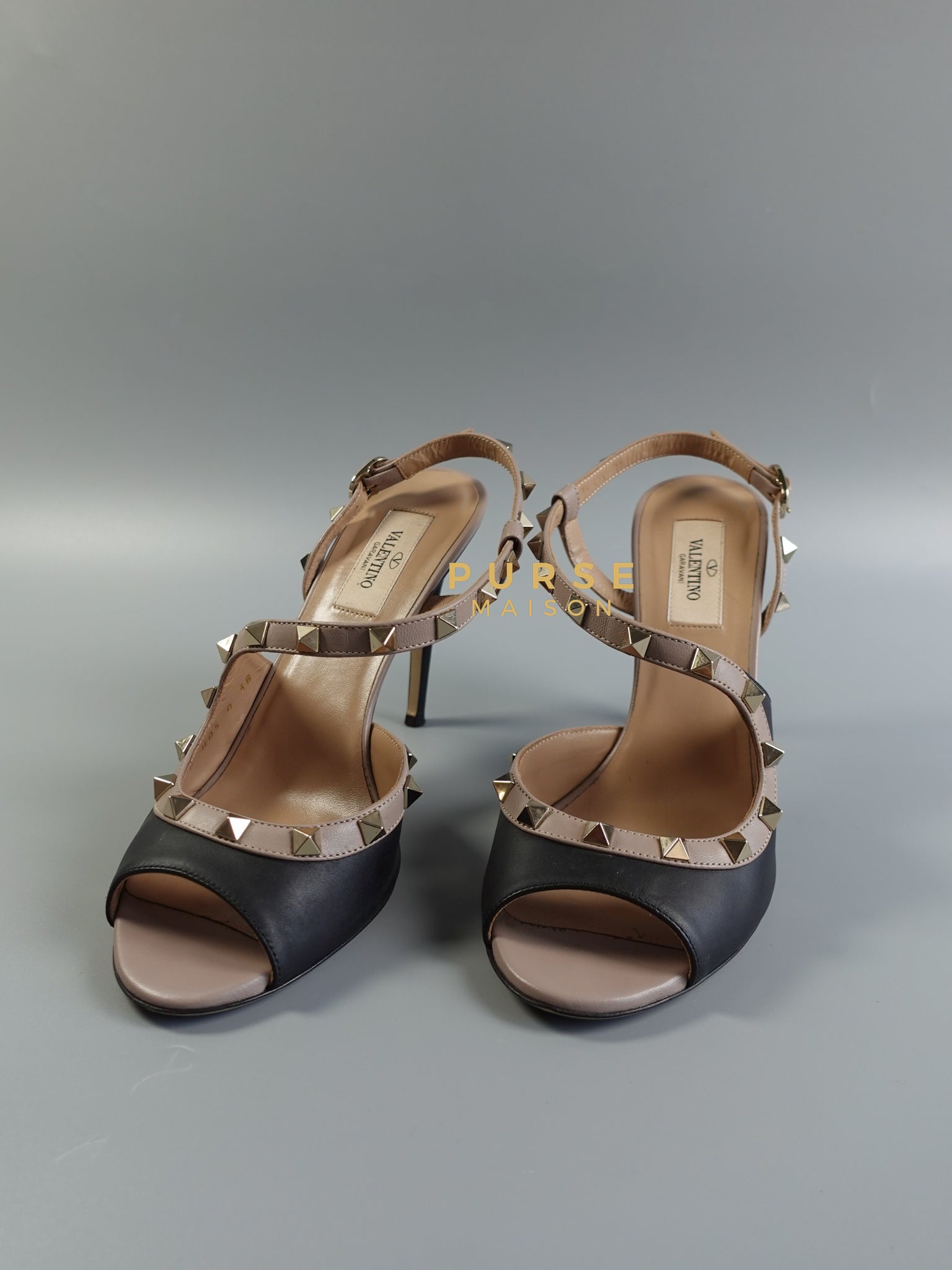Rockstud Peep-toe Cross Straps High Heels Sandals (Black/Nude) Size 38 EU (25.5cm) | Purse Maison Luxury Bags Shop