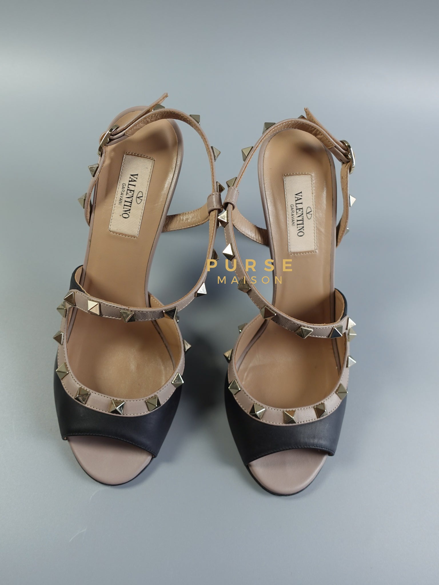 Rockstud Peep-toe Cross Straps High Heels Sandals (Black/Nude) Size 38 EU (25.5cm) | Purse Maison Luxury Bags Shop