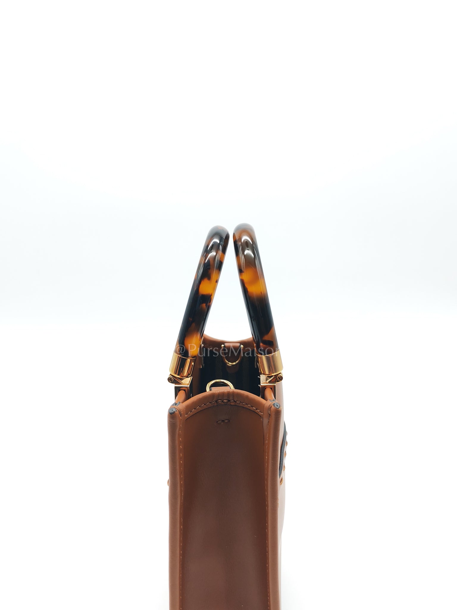 Roma Sunshine Mini Shopper Bag in Brown Calfskin Leather and Tortoise-Shell Handle | Purse Maison Luxury Bags Shop