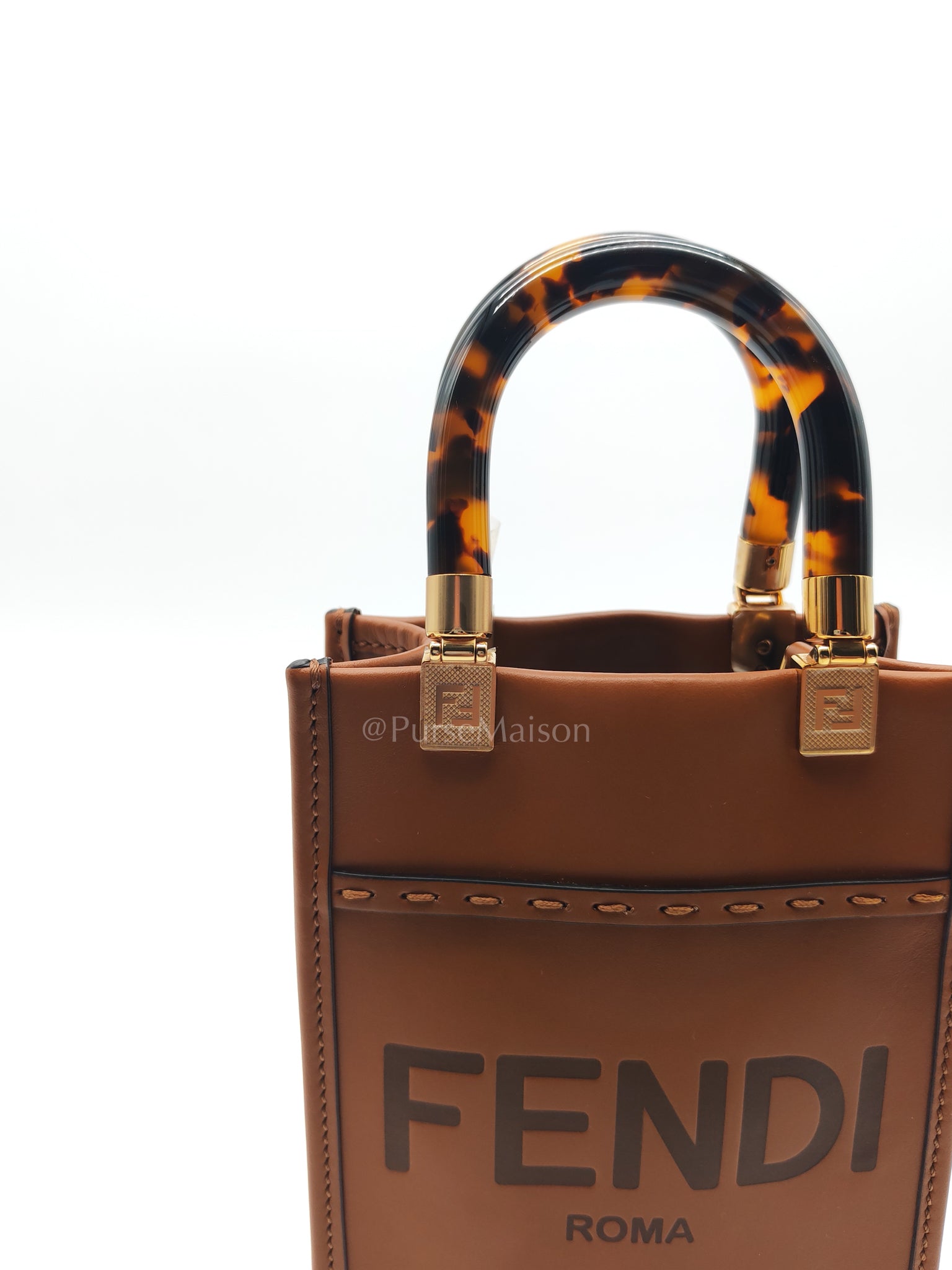 Roma Sunshine Mini Shopper Bag in Brown Calfskin Leather and Tortoise-Shell Handle | Purse Maison Luxury Bags Shop