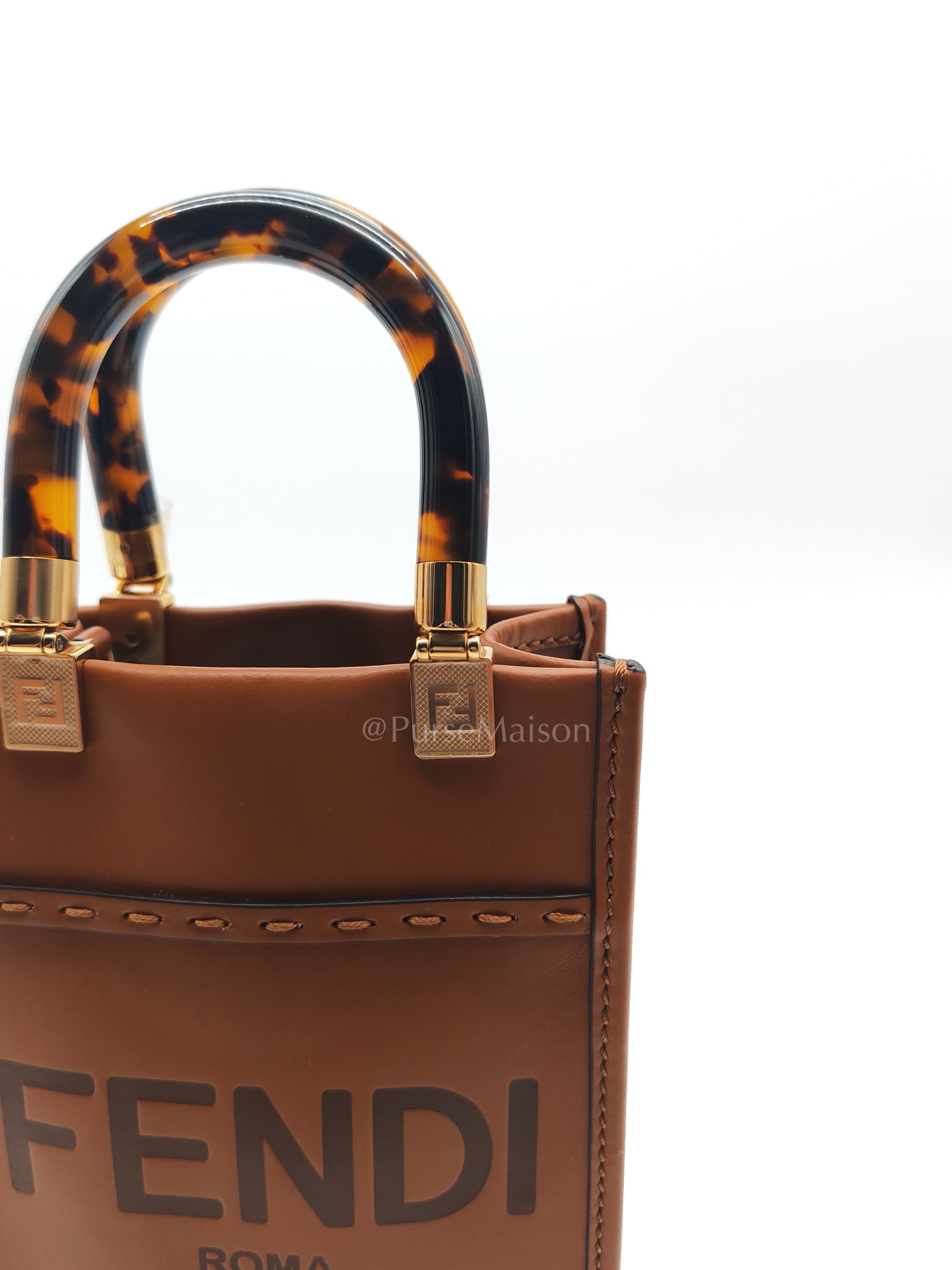 Roma Sunshine Mini Shopper Bag in Brown Calfskin Leather and Tortoise-Shell Handle | Purse Maison Luxury Bags Shop