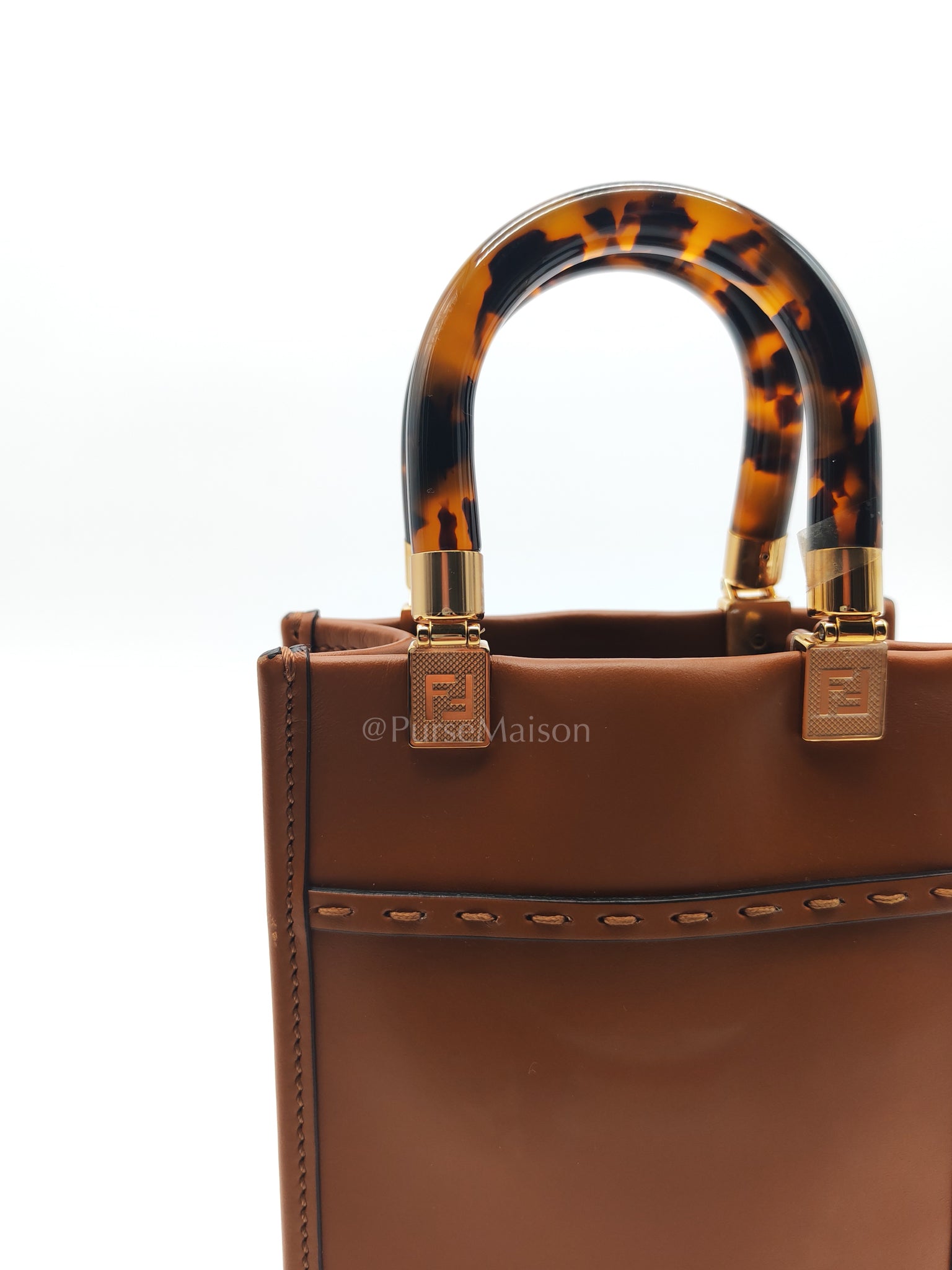 Roma Sunshine Mini Shopper Bag in Brown Calfskin Leather and Tortoise-Shell Handle | Purse Maison Luxury Bags Shop