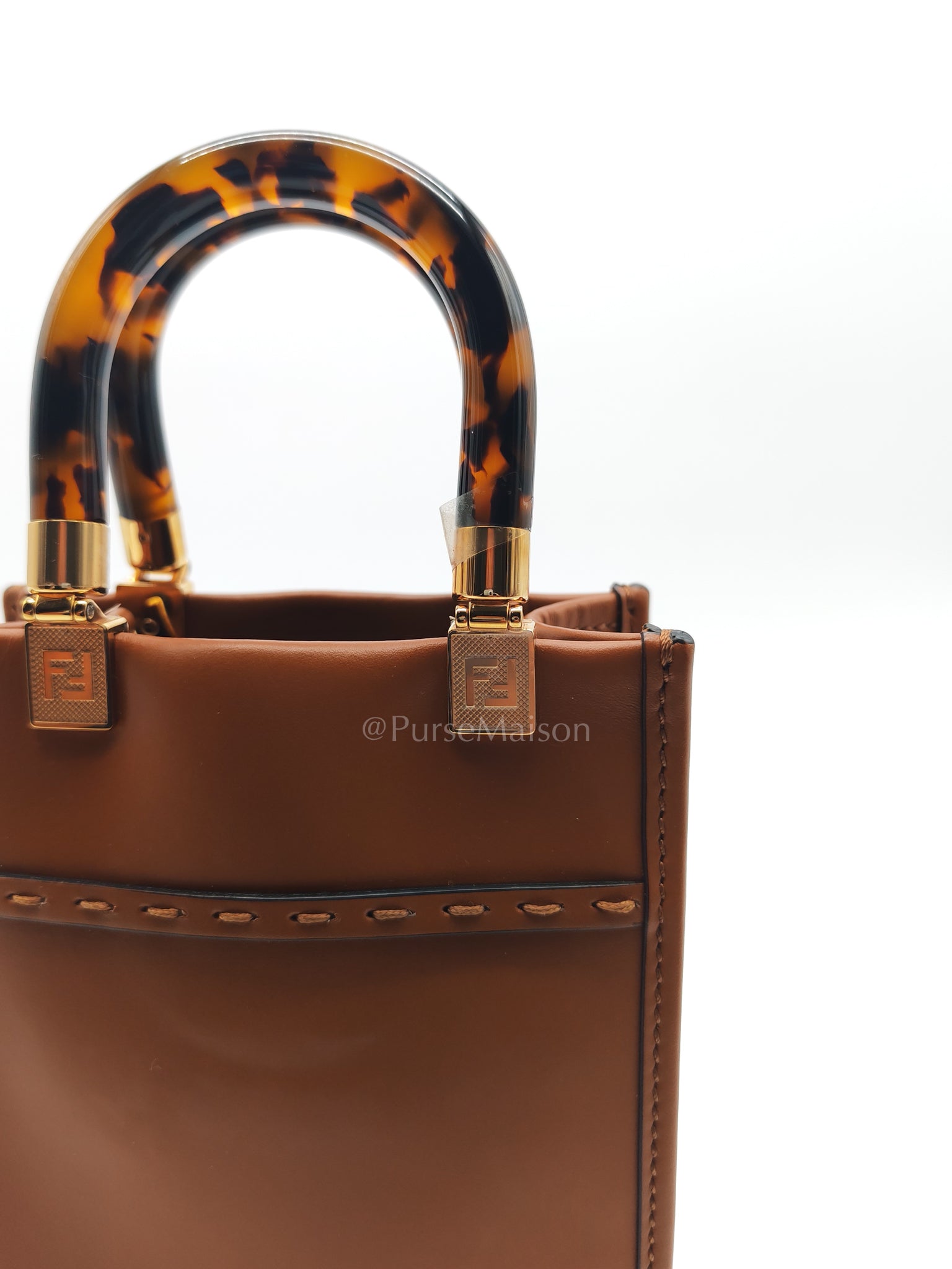 Roma Sunshine Mini Shopper Bag in Brown Calfskin Leather and Tortoise-Shell Handle | Purse Maison Luxury Bags Shop