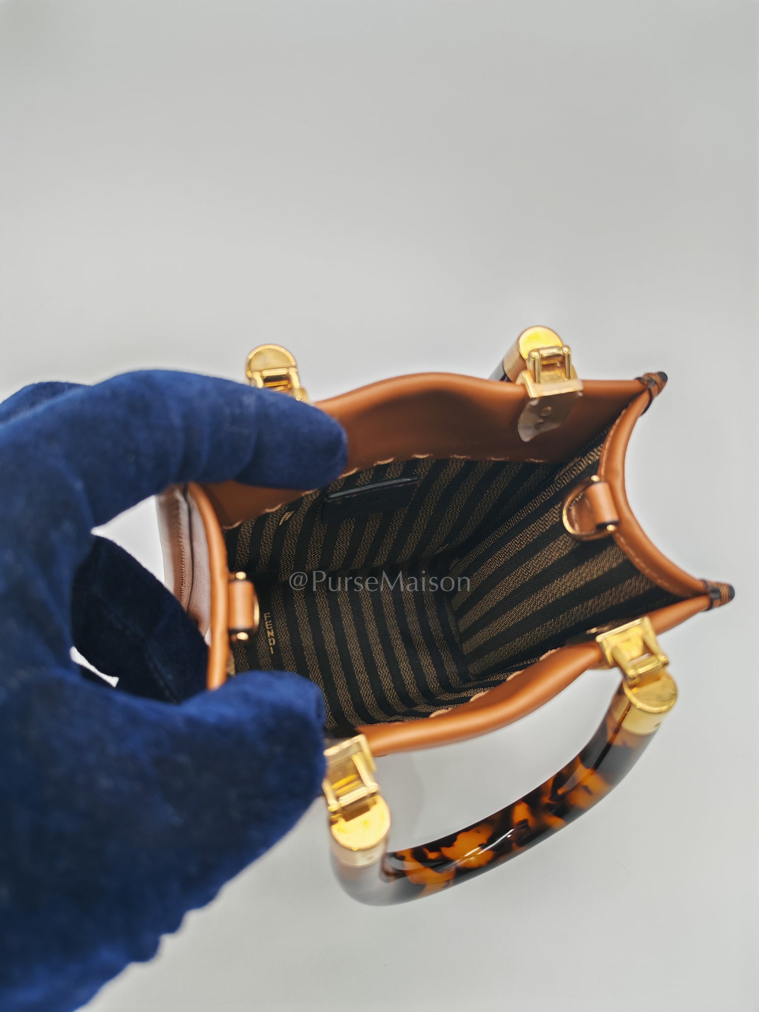 Roma Sunshine Mini Shopper Bag in Brown Calfskin Leather and Tortoise-Shell Handle | Purse Maison Luxury Bags Shop