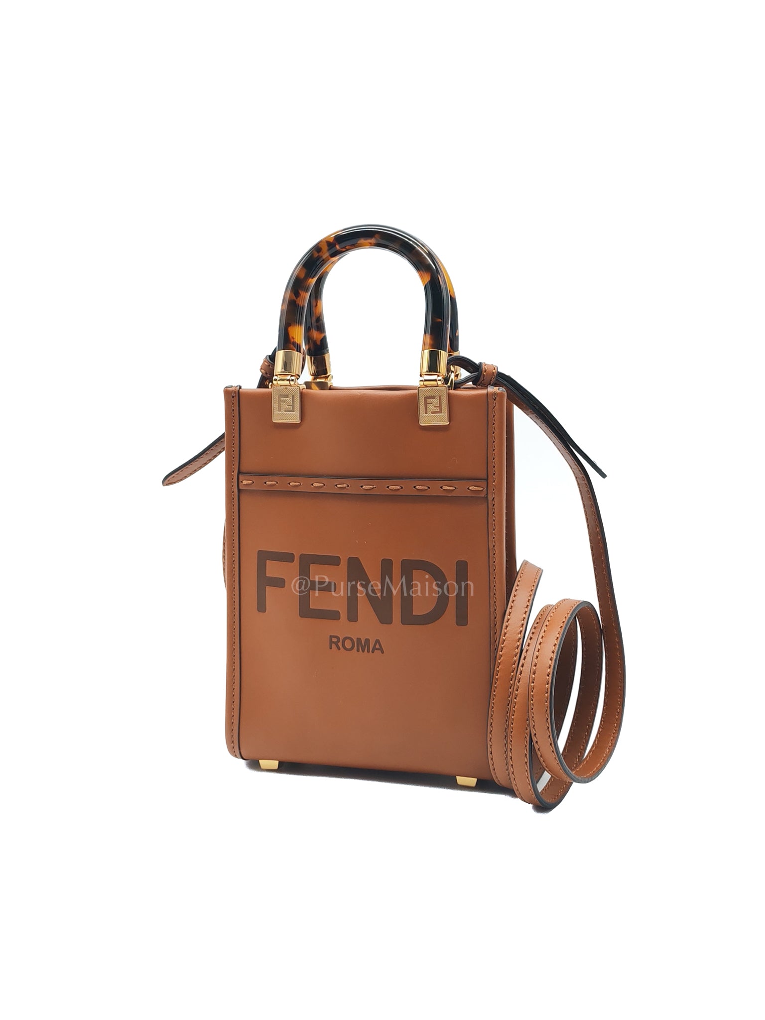 Roma Sunshine Mini Shopper Bag in Brown Calfskin Leather and Tortoise-Shell Handle | Purse Maison Luxury Bags Shop