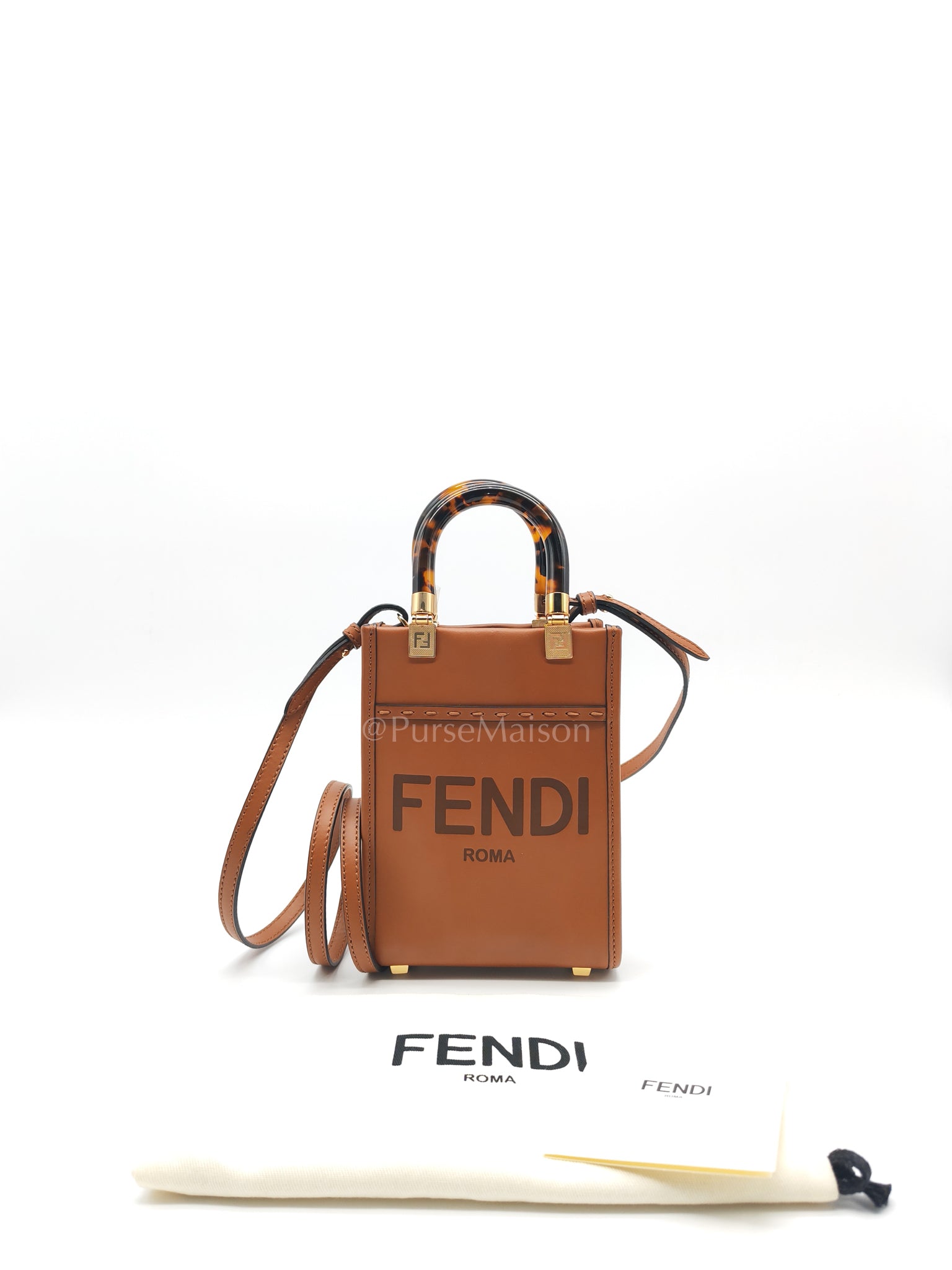 Roma Sunshine Mini Shopper Bag in Brown Calfskin Leather and Tortoise-Shell Handle | Purse Maison Luxury Bags Shop