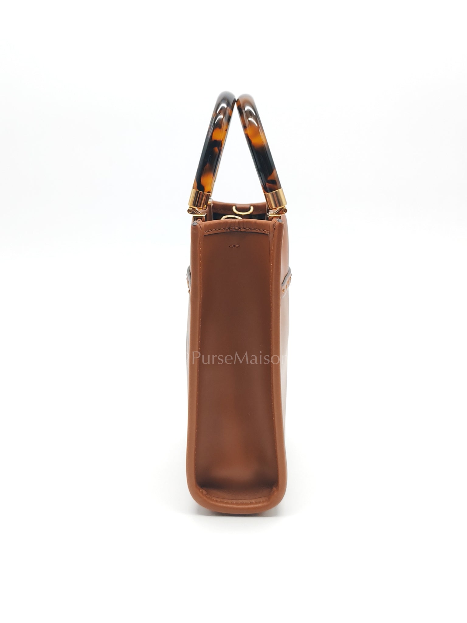 Roma Sunshine Mini Shopper Bag in Brown Calfskin Leather and Tortoise-Shell Handle | Purse Maison Luxury Bags Shop