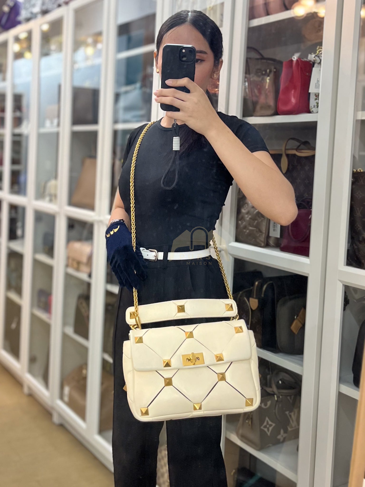 Roman Stud Top Handle Off White Nappa Leather Crossbody Bag | Purse Maison Luxury Bags Shop