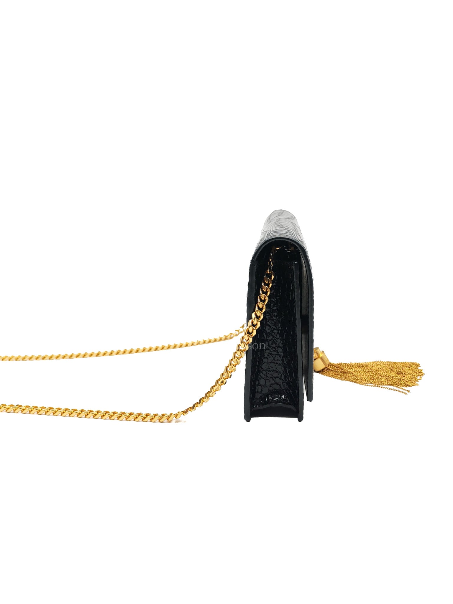 Kate Tassel Bag in Black Croc-Embossed Leather & Gold Hardware