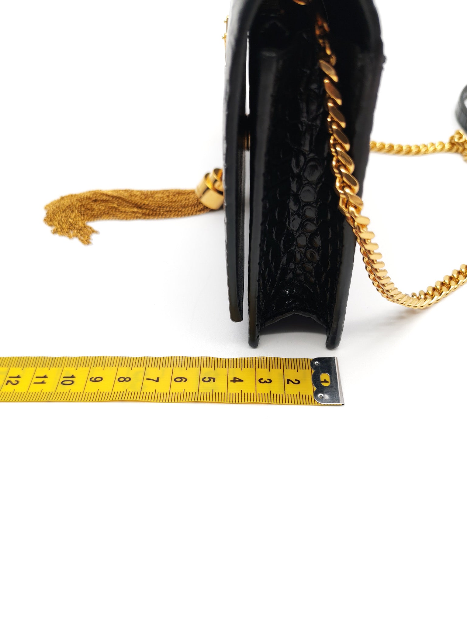 Kate Tassel Bag in Black Croc-Embossed Leather & Gold Hardware