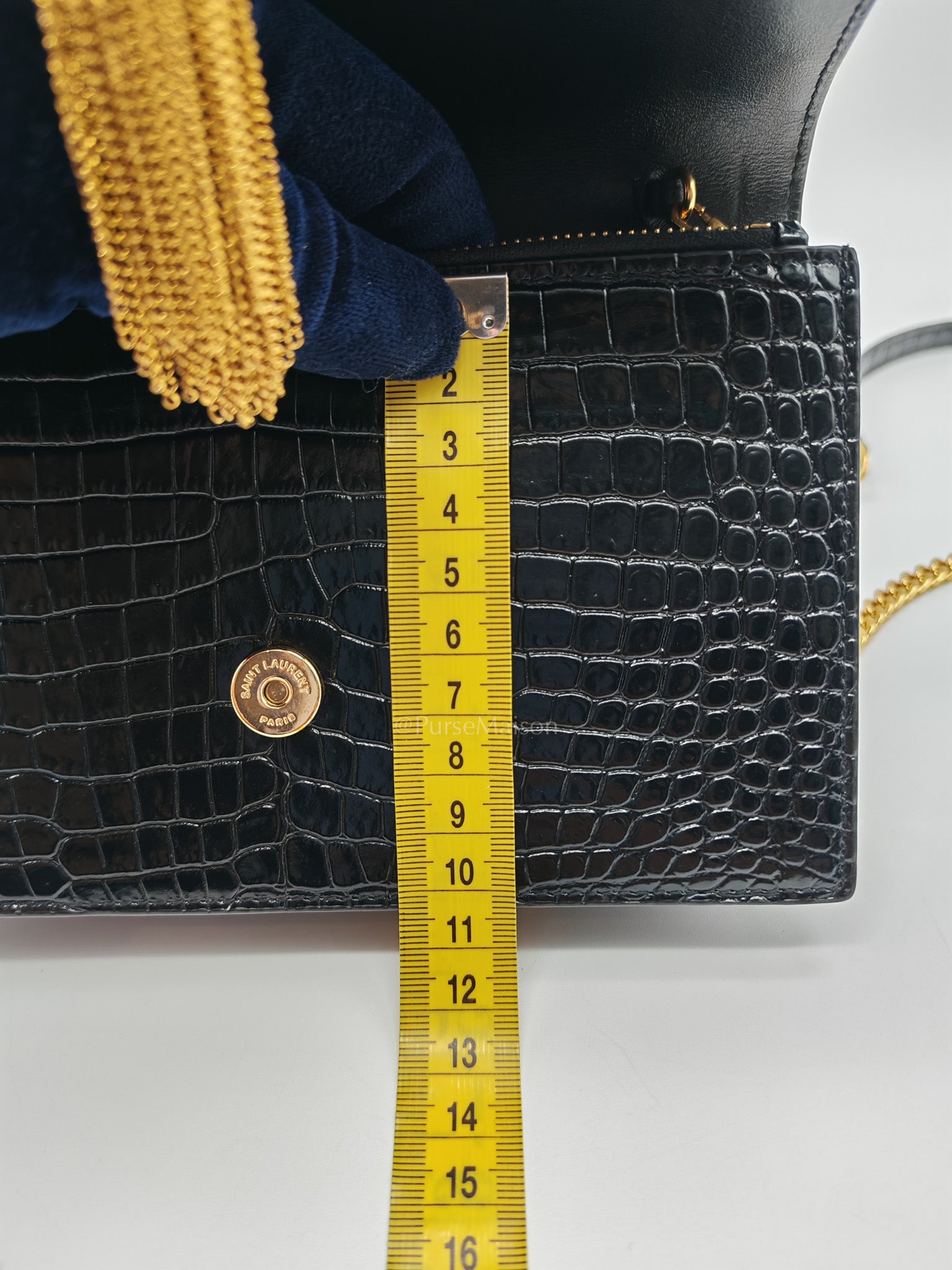 Kate Tassel Bag in Black Croc-Embossed Leather & Gold Hardware