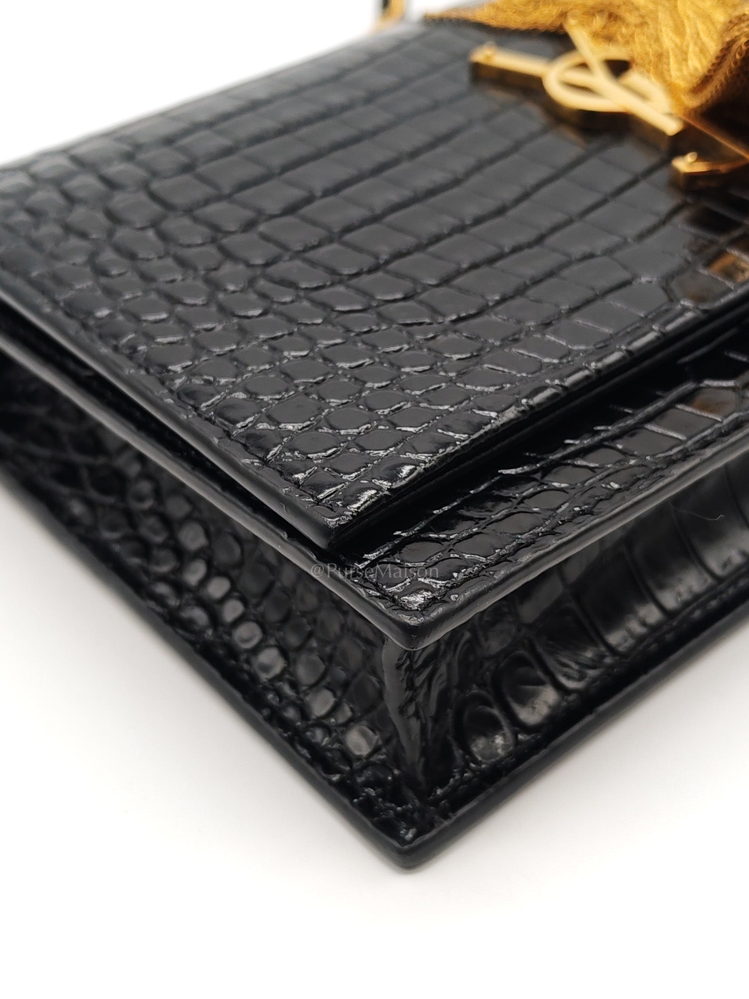 Kate Tassel Bag in Black Croc-Embossed Leather & Gold Hardware