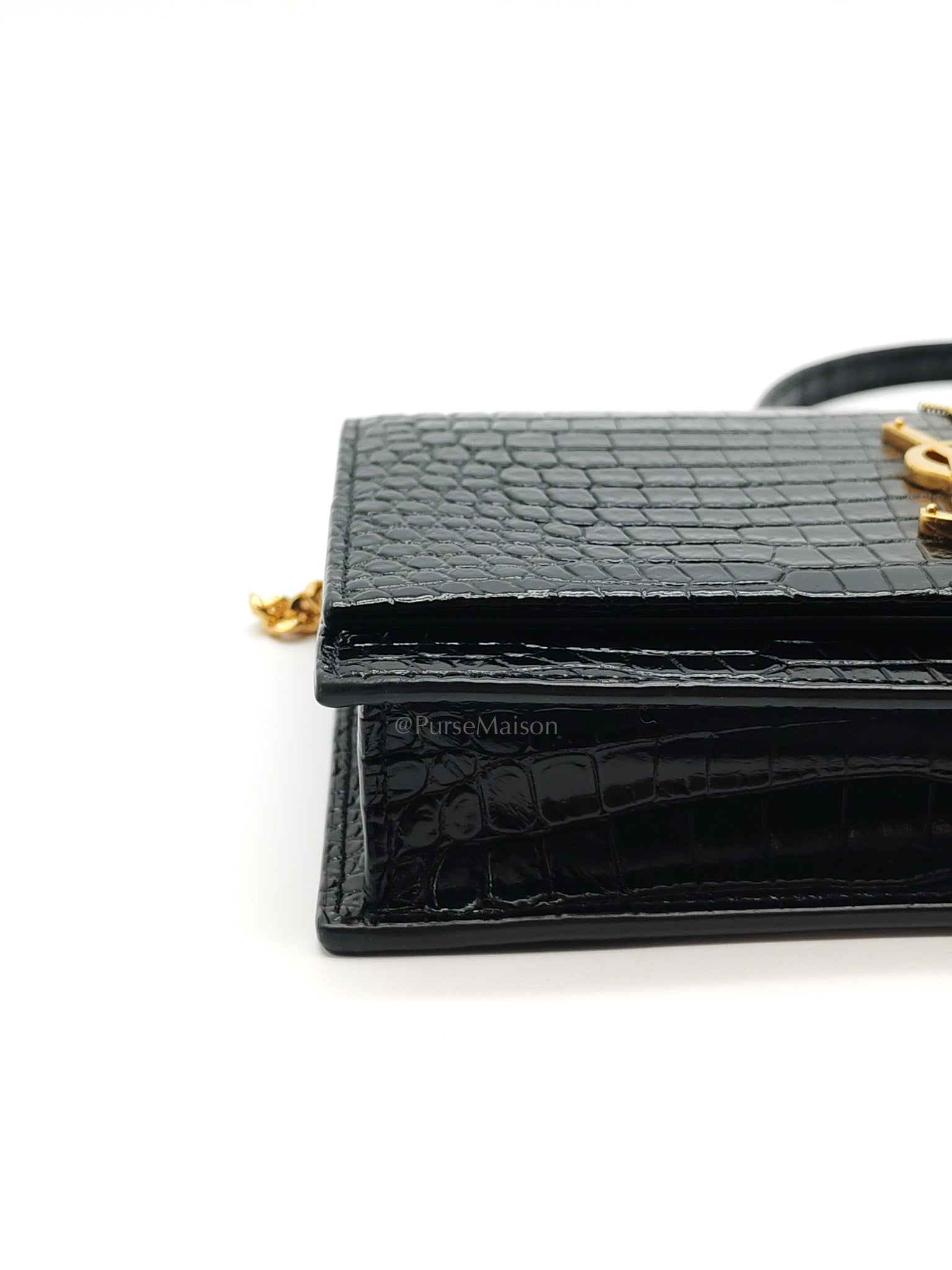 Kate Tassel Bag in Black Croc-Embossed Leather & Gold Hardware