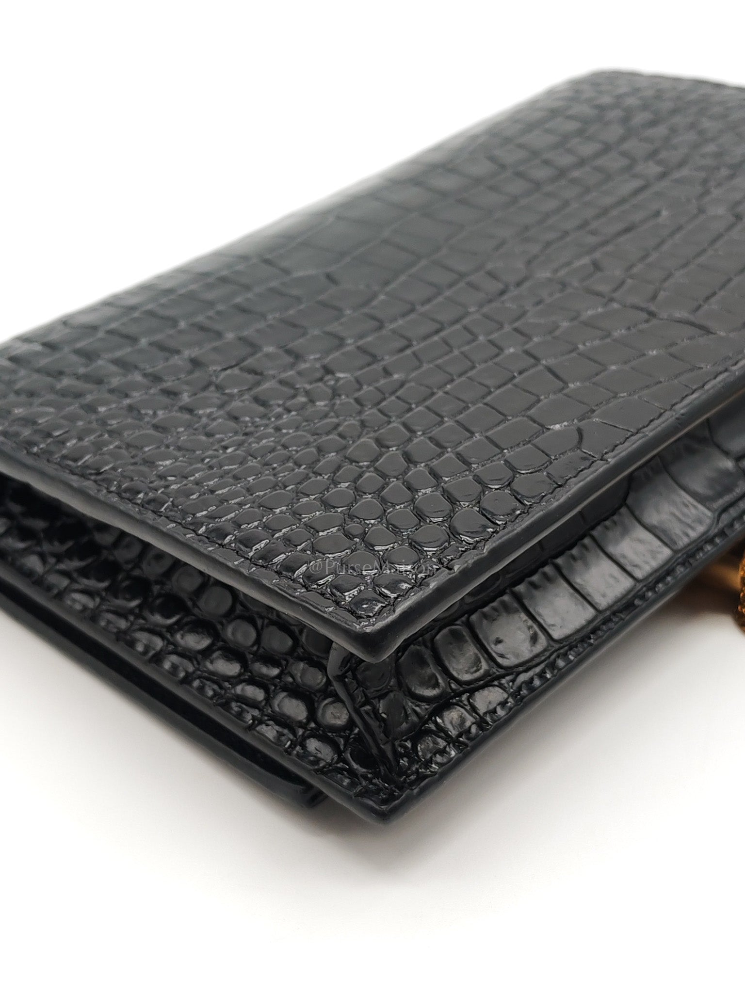 Kate Tassel Bag in Black Croc-Embossed Leather & Gold Hardware