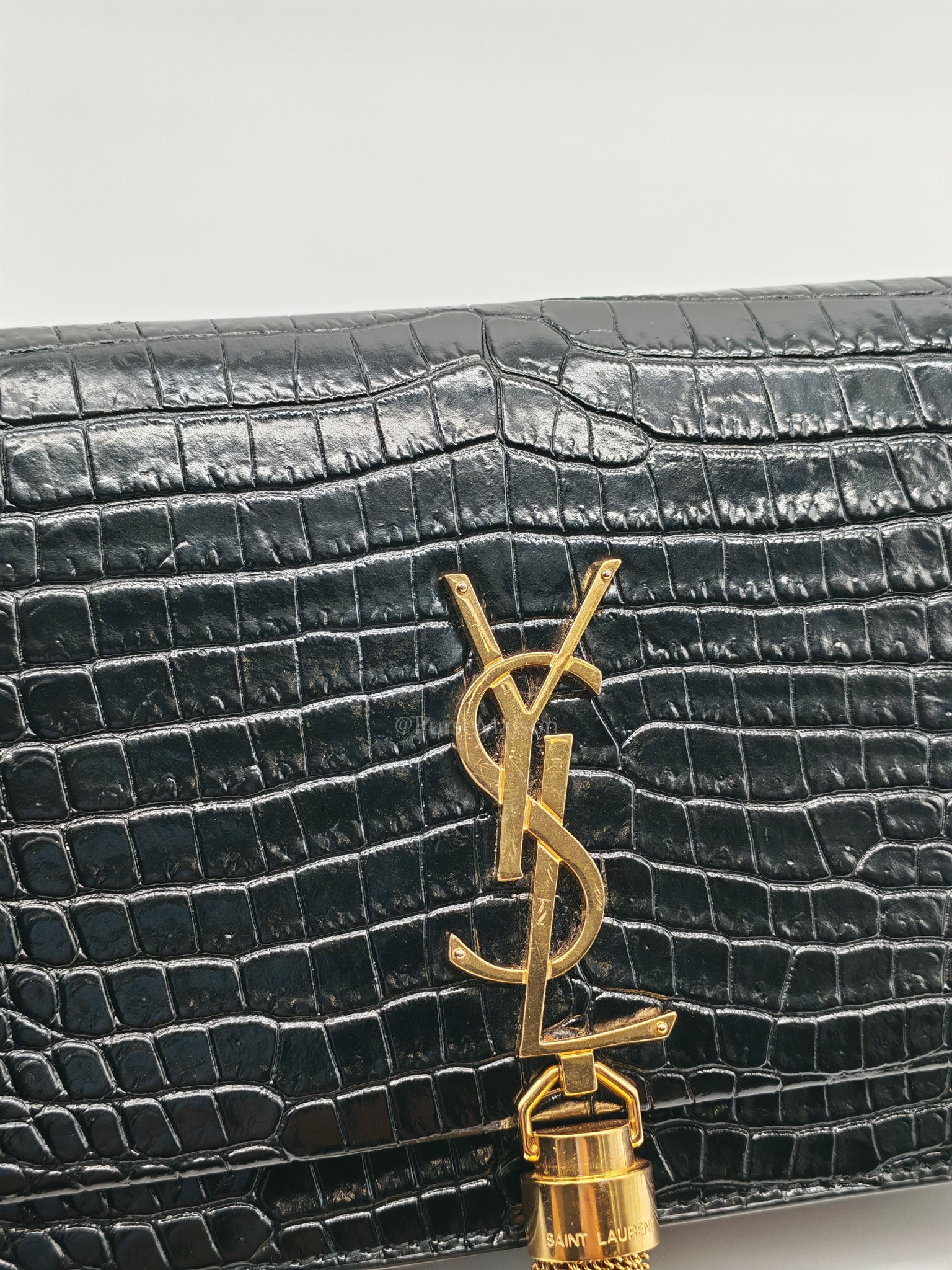 Kate Tassel Bag in Black Croc-Embossed Leather & Gold Hardware
