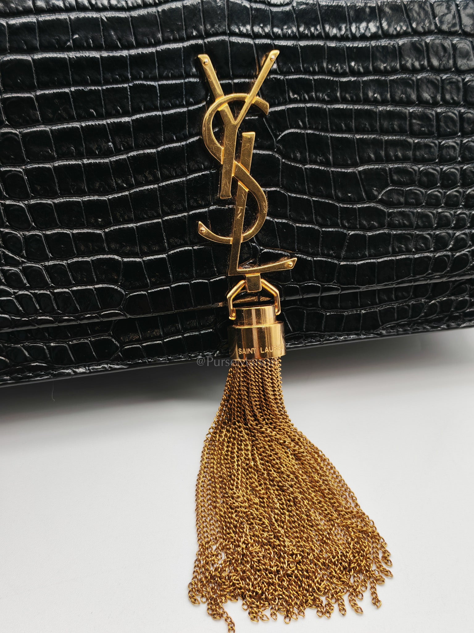 Kate Tassel Bag in Black Croc-Embossed Leather & Gold Hardware