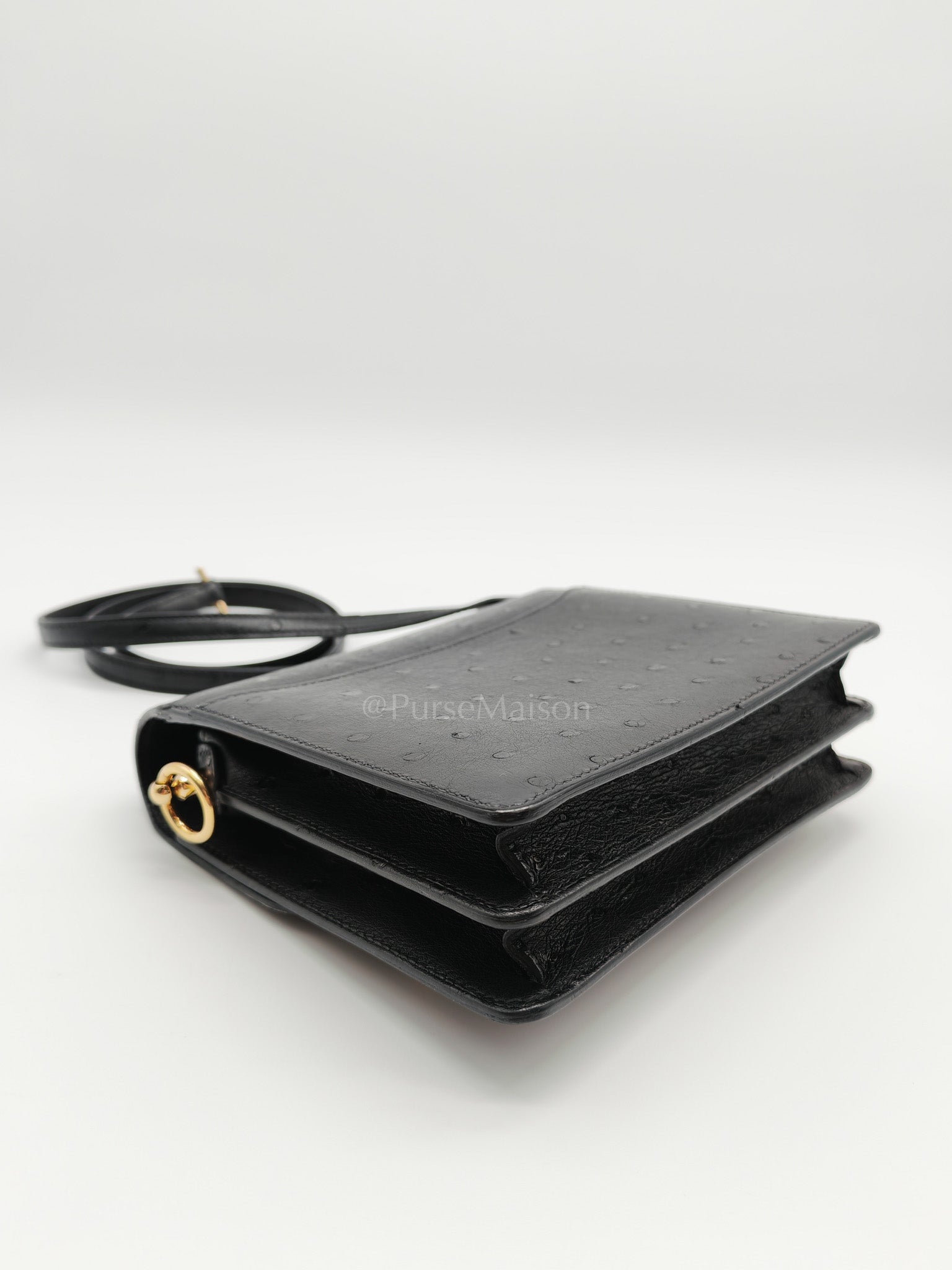Roulis Mini Noir/Black Ostrich Leather in Gold Hardware Stamp Z(2021) | Purse Maison Luxury Bags Shop