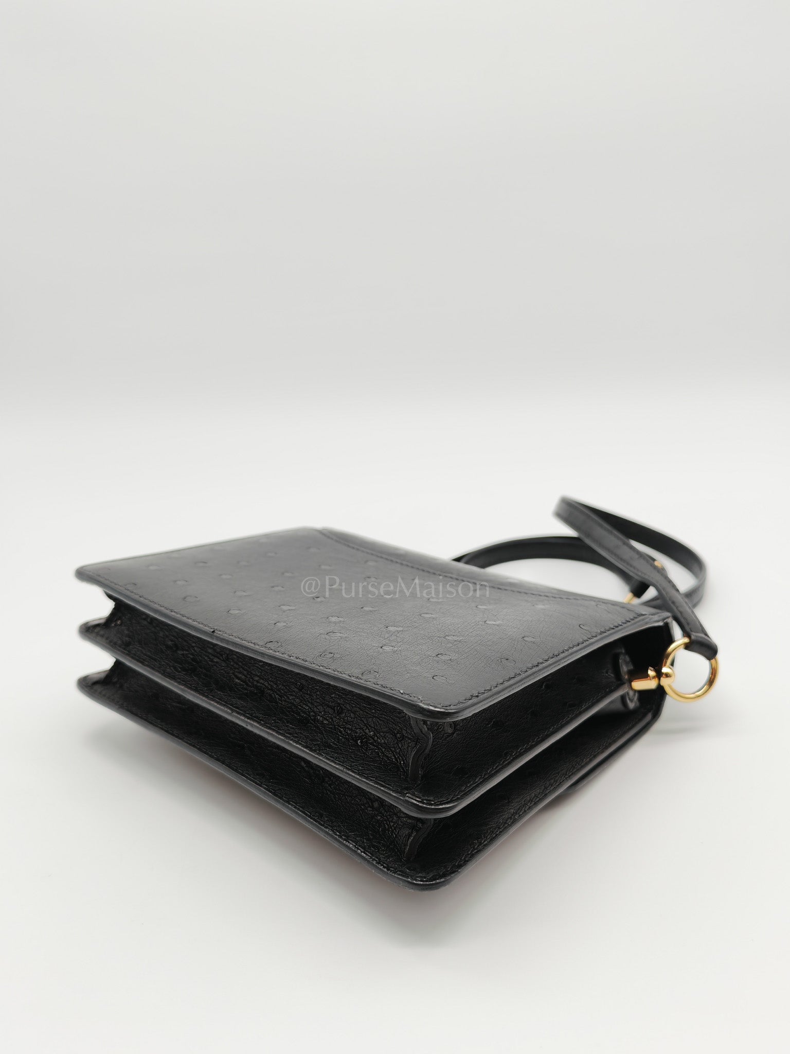 Roulis Mini Noir/Black Ostrich Leather in Gold Hardware Stamp Z(2021) | Purse Maison Luxury Bags Shop
