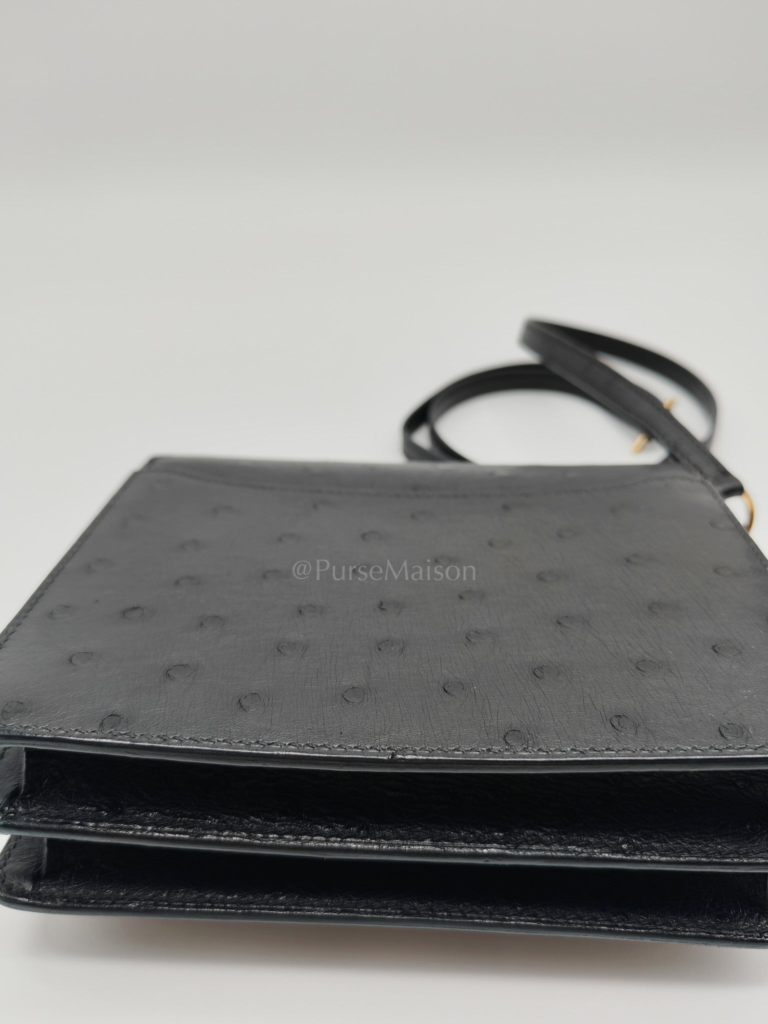 Roulis Mini Noir/Black Ostrich Leather in Gold Hardware Stamp Z(2021) | Purse Maison Luxury Bags Shop