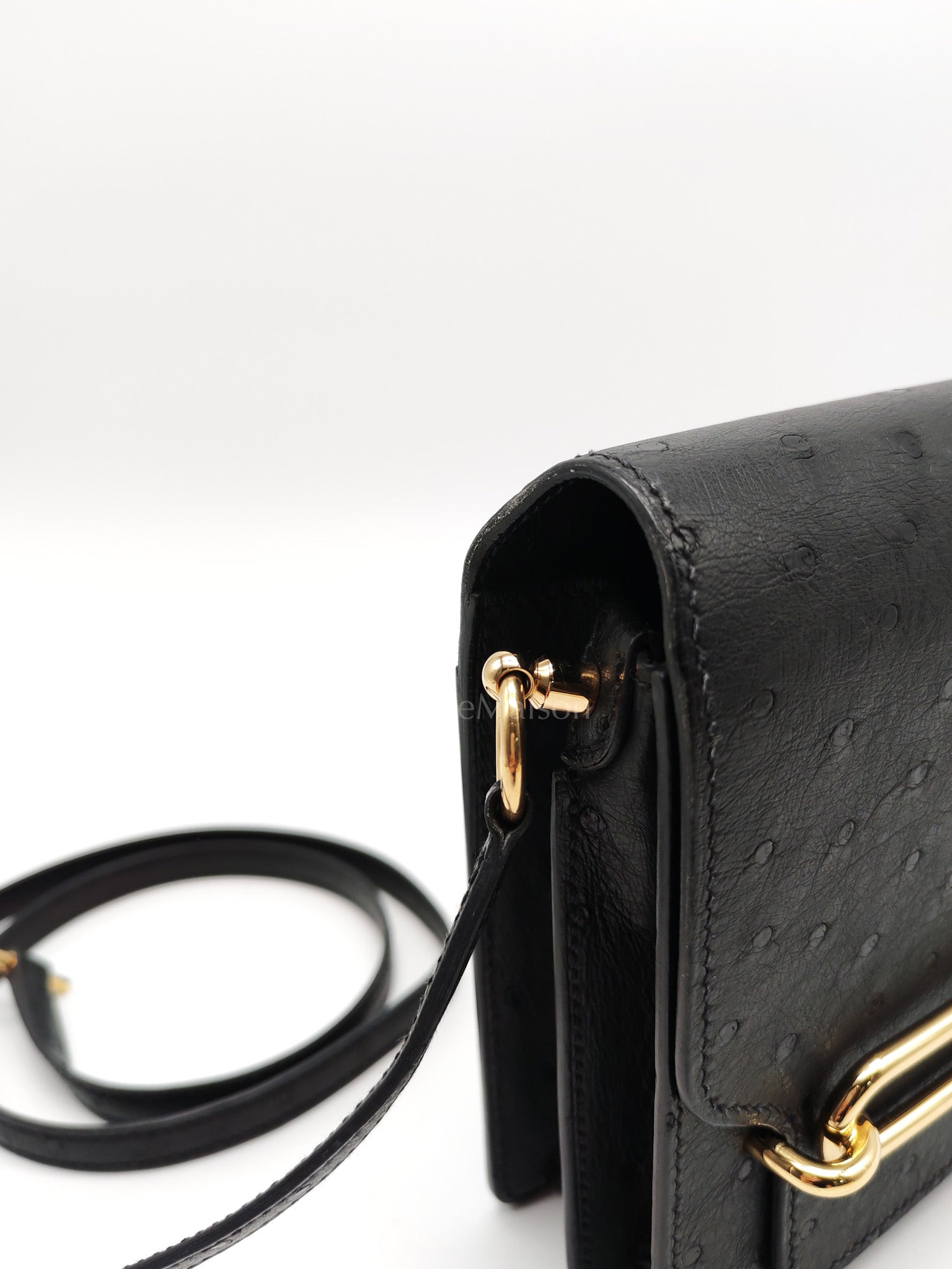Roulis Mini Noir/Black Ostrich Leather in Gold Hardware Stamp Z(2021) | Purse Maison Luxury Bags Shop