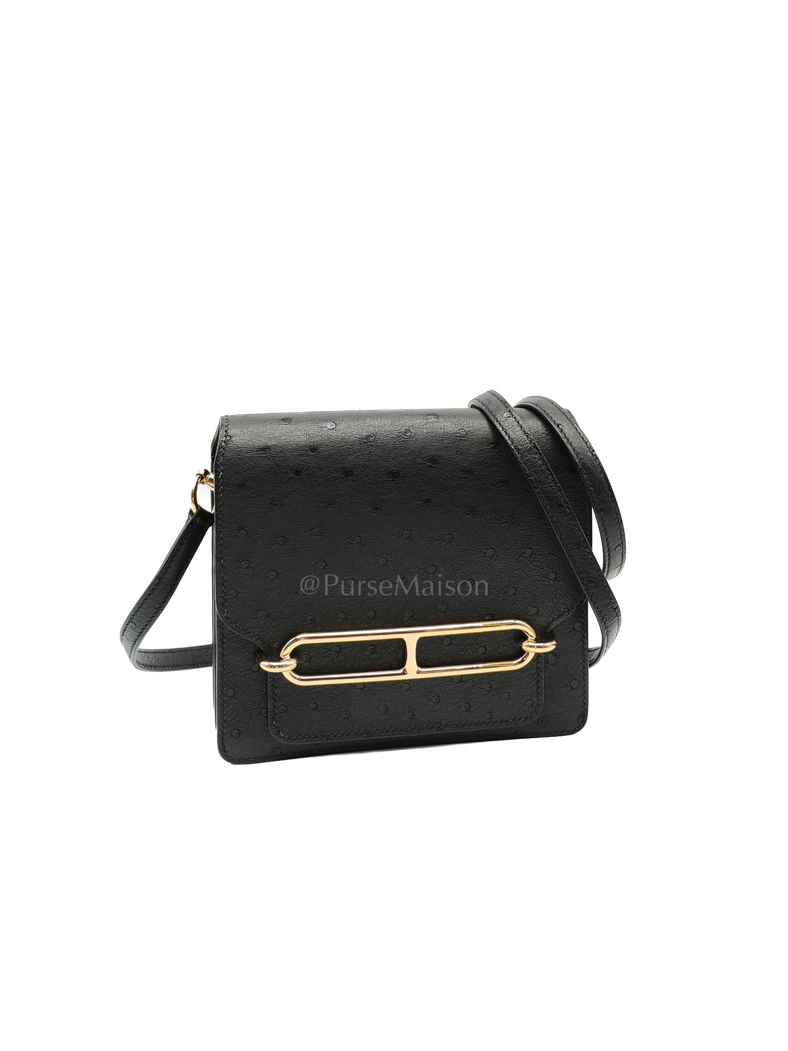 Roulis Mini Noir/Black Ostrich Leather in Gold Hardware Stamp Z(2021) | Purse Maison Luxury Bags Shop