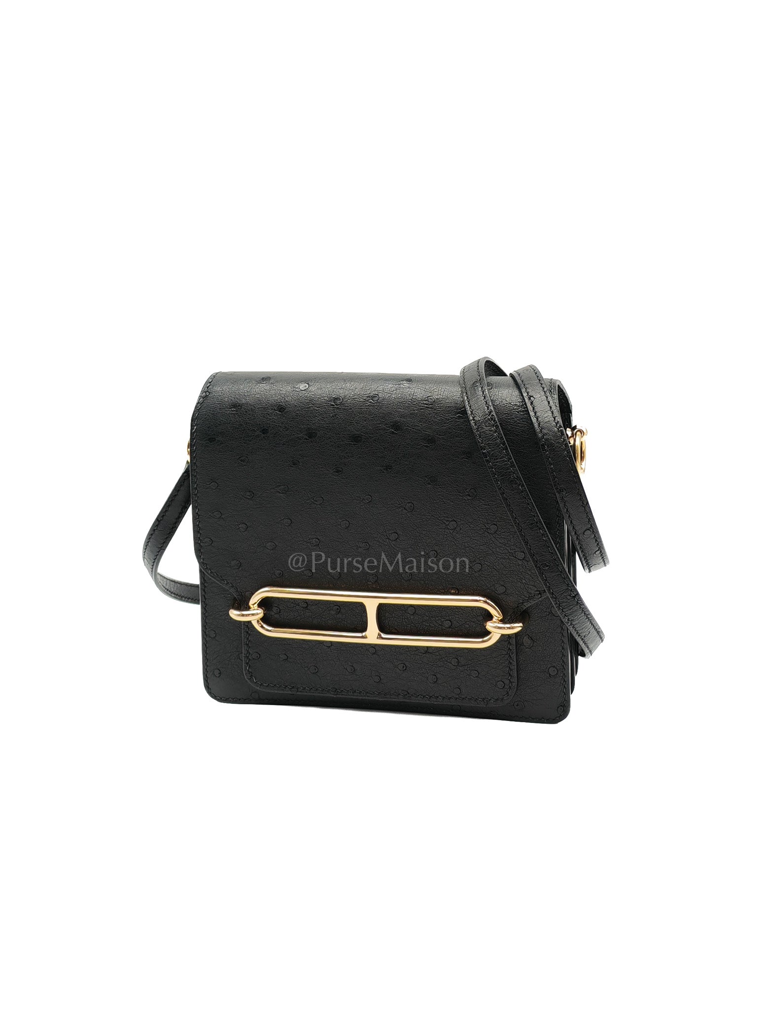 Roulis Mini Noir/Black Ostrich Leather in Gold Hardware Stamp Z(2021) | Purse Maison Luxury Bags Shop