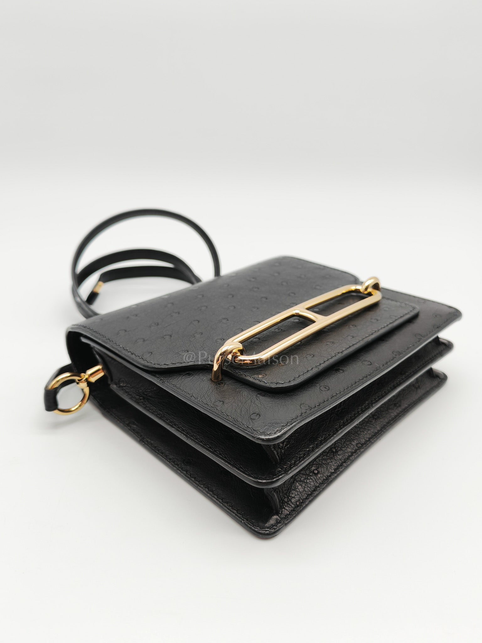 Roulis Mini Noir/Black Ostrich Leather in Gold Hardware Stamp Z(2021) | Purse Maison Luxury Bags Shop