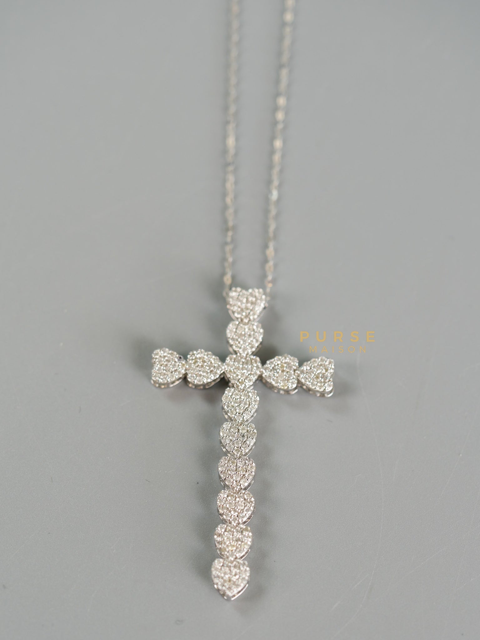 Round Brilliant Cut Natural Diamond Cross Heart Pendant in 18K white Gold Necklace (1.2 TCW. 4.5 grams) | Purse Maison Luxury Bags Shop