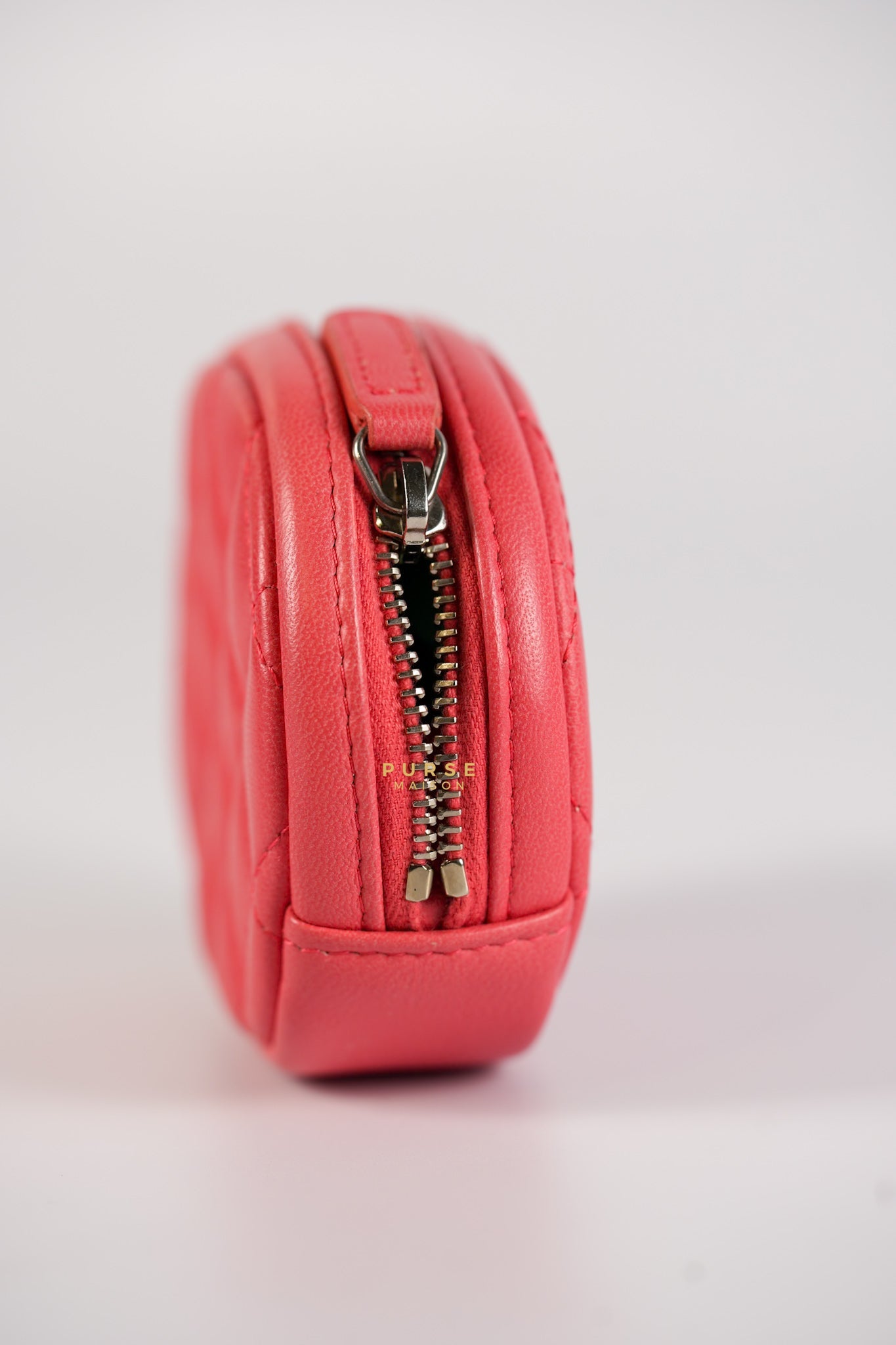 Round Coin Purse in Coral Lambskin Leather & Silver Hardware Series 27 | Purse Maison Luxury Bags Shop