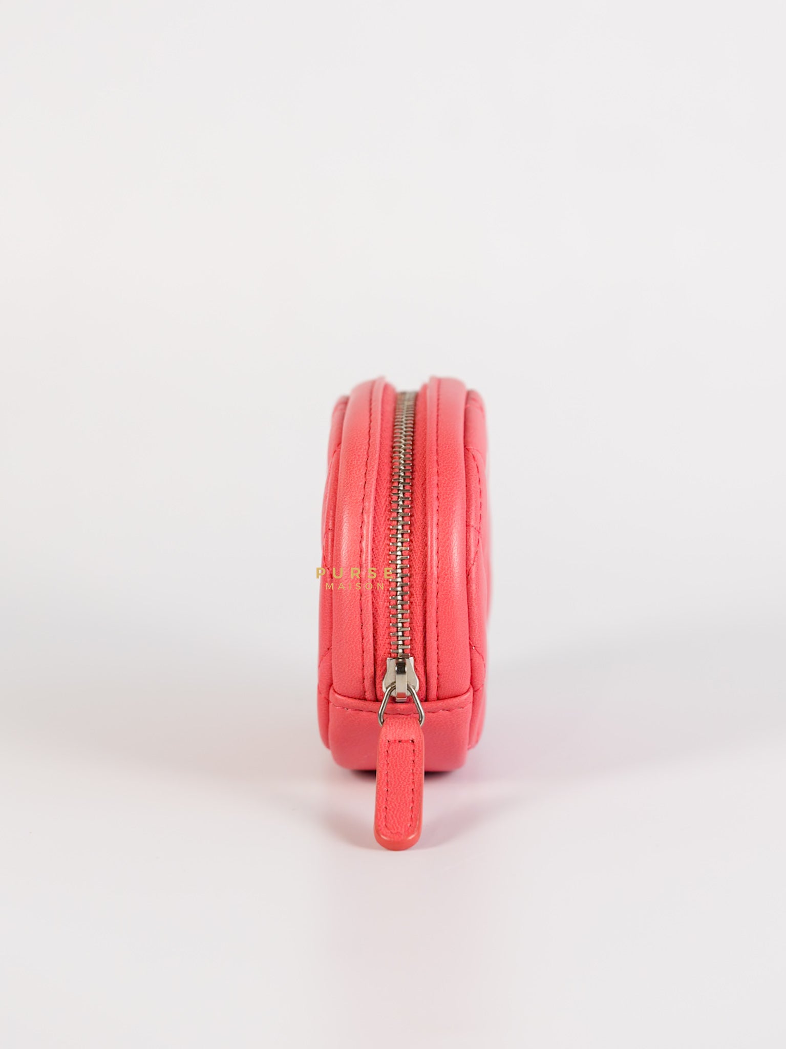 Round Coin Purse in Coral Lambskin Leather & Silver Hardware Series 27 | Purse Maison Luxury Bags Shop