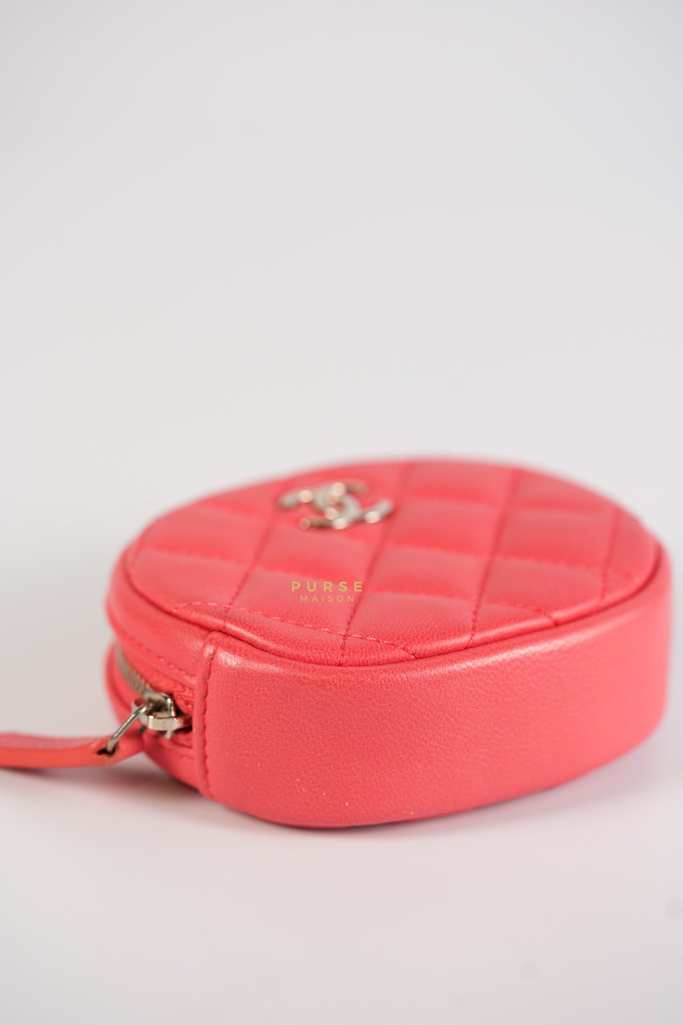 Round Coin Purse in Coral Lambskin Leather & Silver Hardware Series 27 | Purse Maison Luxury Bags Shop