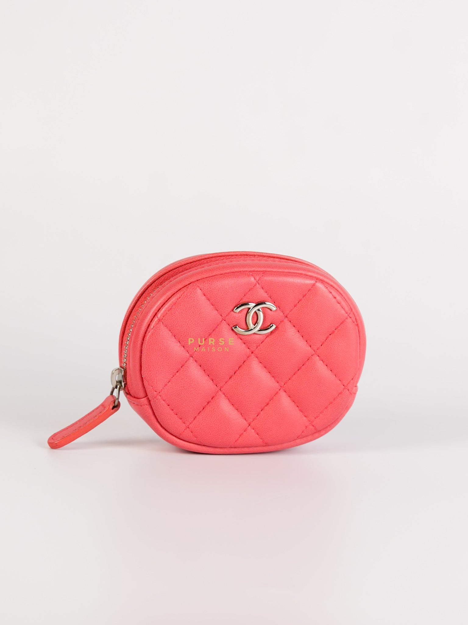 Round Coin Purse in Coral Lambskin Leather Silver Hardware