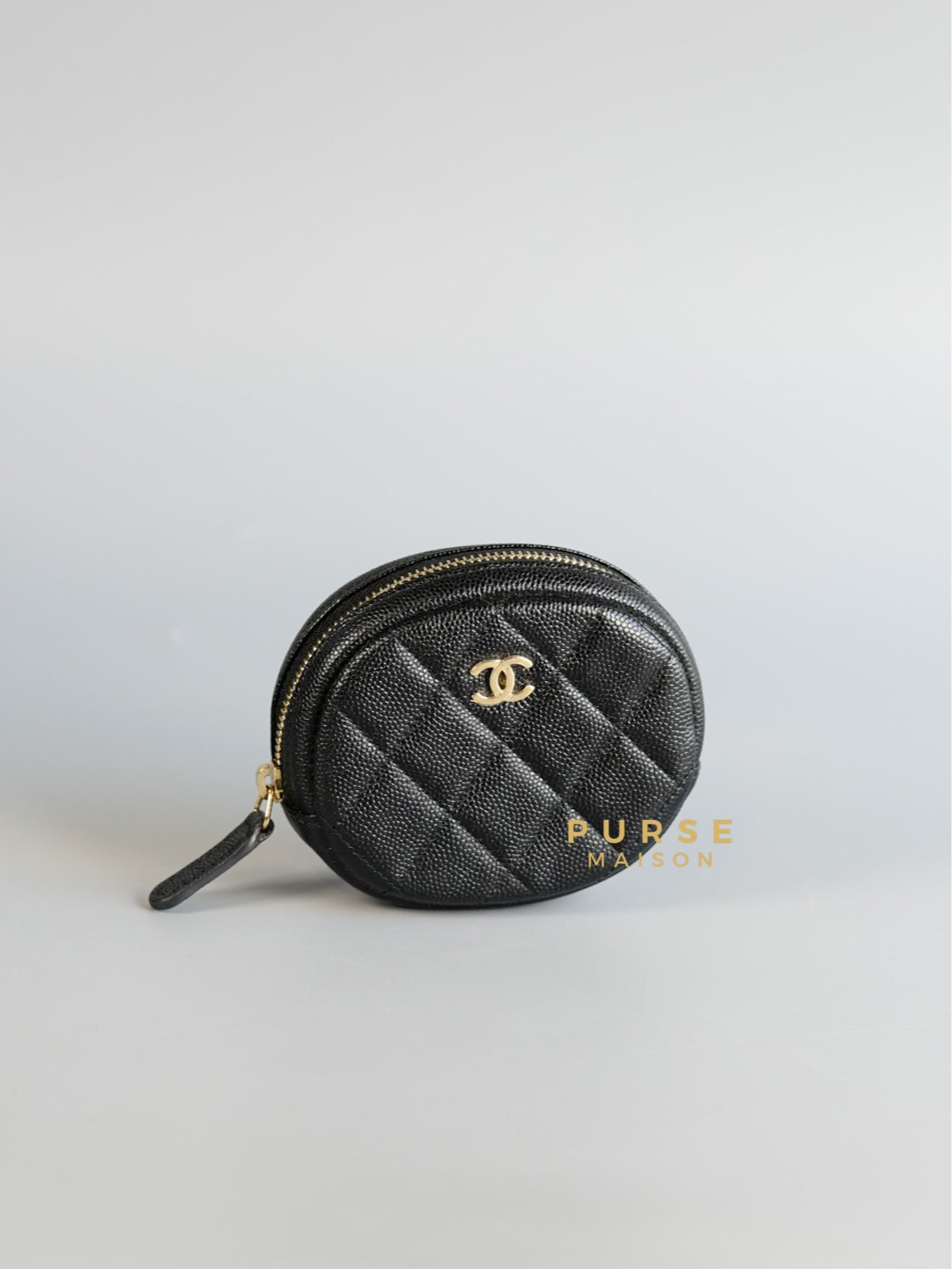 Round Coin Purse in in Caviar Leather Light Gold Hardware