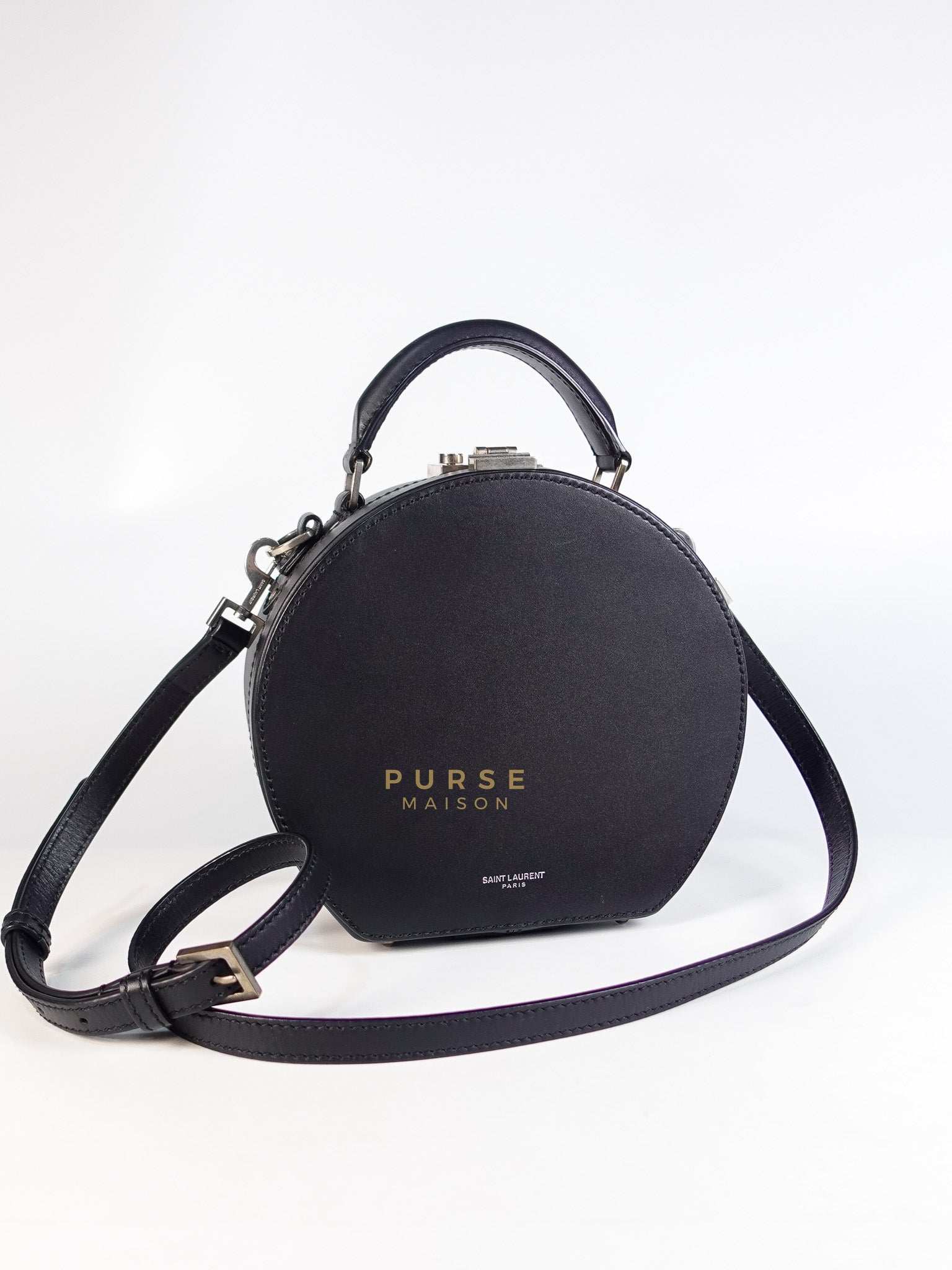 Round Mica Hatbox Bag in Black Leather & Silver Hardware | Purse Maison Luxury Bags Shop