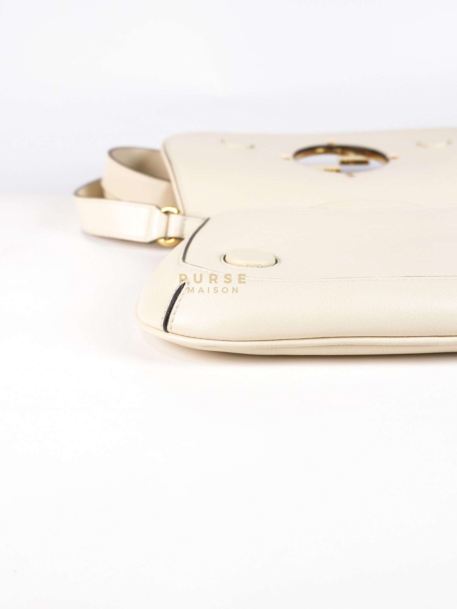 Roxy Blondie Chain Shoulder Flap Bag in Mystic White Calfskin Leather & Gold Hardware | Purse Maison Luxury Bags Shop
